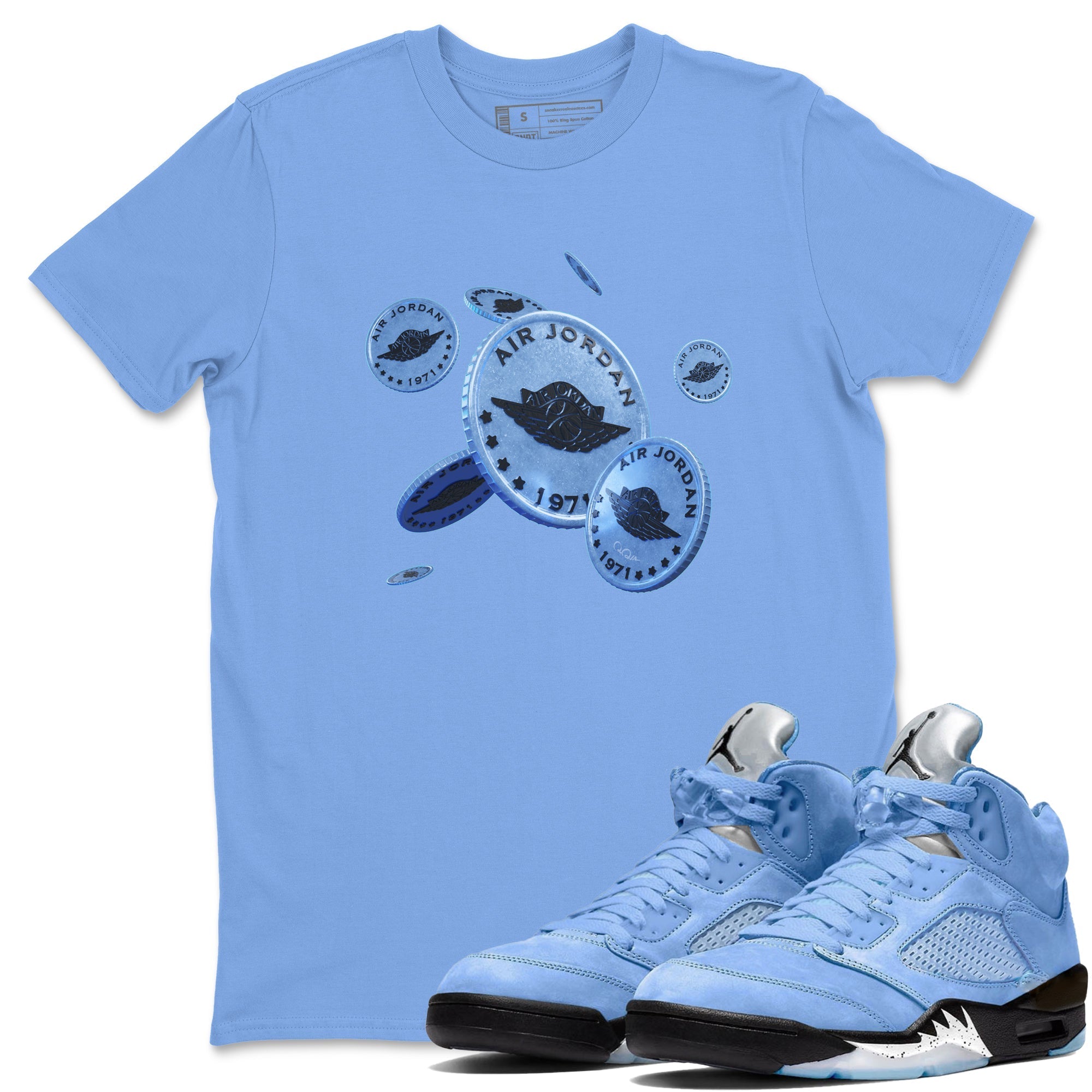 Air Jordan 5 UNC Coin Drop Crew Neck Sneaker Tees Air Jordan 5 UNC Sneaker T-Shirts Washing and Care Tip