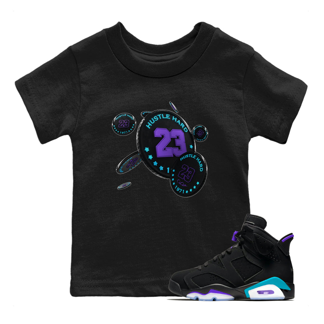 Air Jordan 6 Aqua Sneaker Match Tees Coin Drop Sneaker Tees AJ6 Aqua Sneaker Release Tees Kids Shirts Black 1