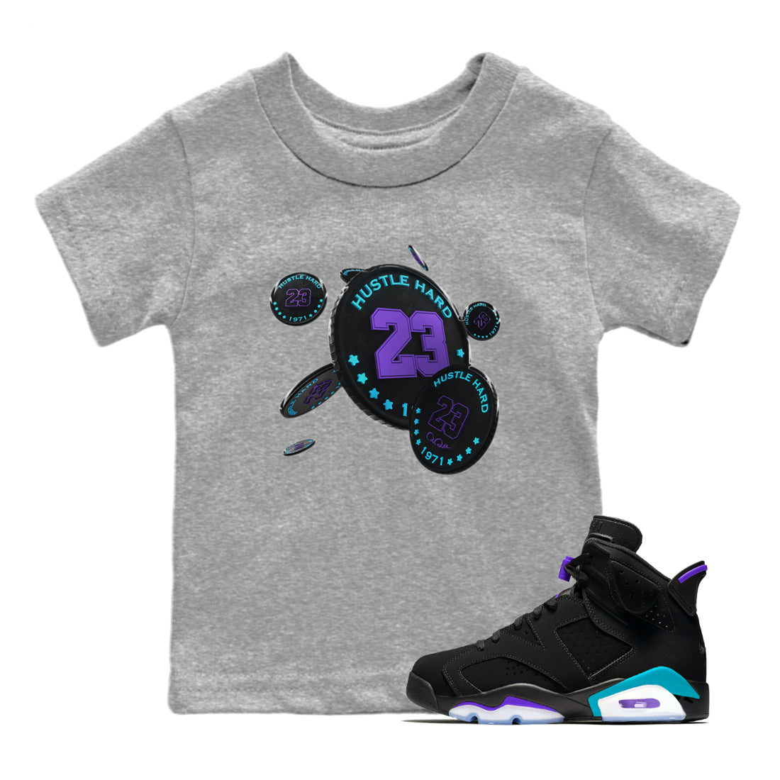Air Jordan 6 Aqua Sneaker Match Tees Coin Drop Sneaker Tees AJ6 Aqua Sneaker Release Tees Kids Shirts Heather Grey 1