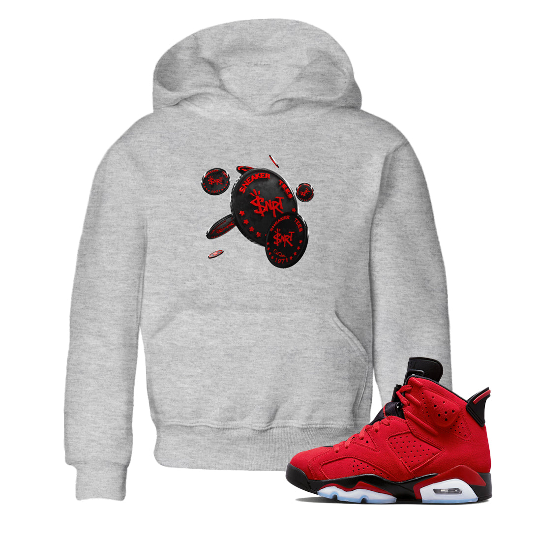 Air Jordan 6 Toro Bravo Sneaker Match Tees Coin Drop Streetwear Sneaker Shirt 3D Graphic Design Shirts AJ6 Toro Bravo Sneaker Release Tees Kids Shirts Heather Grey 1