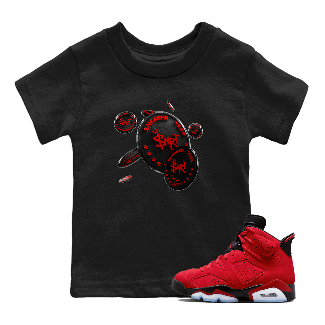 Air Jordan 6 Toro Bravo Sneaker Match Tees Coin Drop Streetwear Sneaker Shirt 3D Graphic Design Shirts AJ6 Toro Bravo Sneaker Release Tees Kids Shirts Black 1