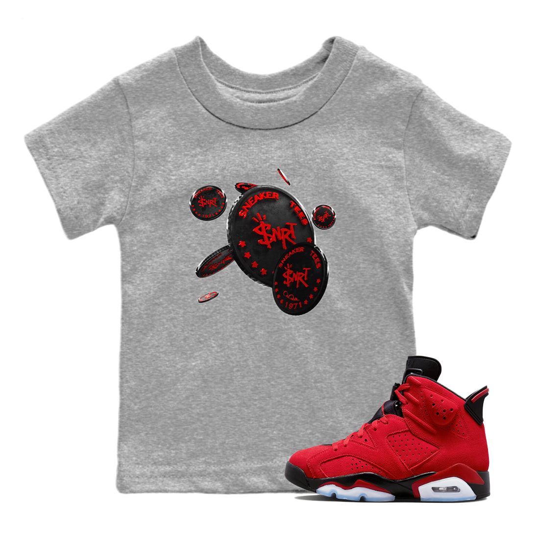 Air Jordan 6 Toro Bravo Sneaker Match Tees Coin Drop Streetwear Sneaker Shirt 3D Graphic Design Shirts AJ6 Toro Bravo Sneaker Release Tees Kids Shirts Heather Grey 1