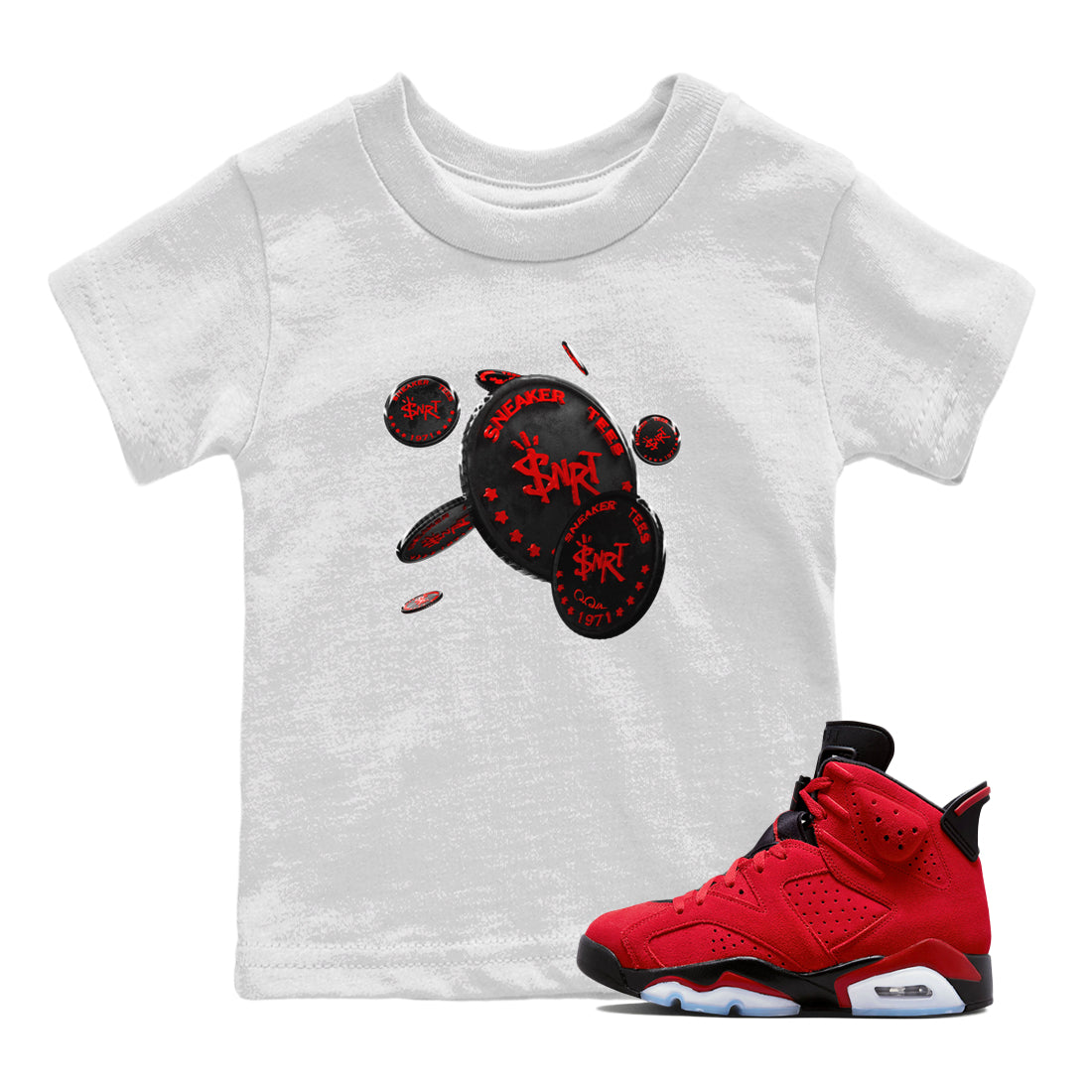 Air Jordan 6 Toro Bravo Sneaker Match Tees Coin Drop Streetwear Sneaker Shirt 3D Graphic Design Shirts AJ6 Toro Bravo Sneaker Release Tees Kids Shirts White 1
