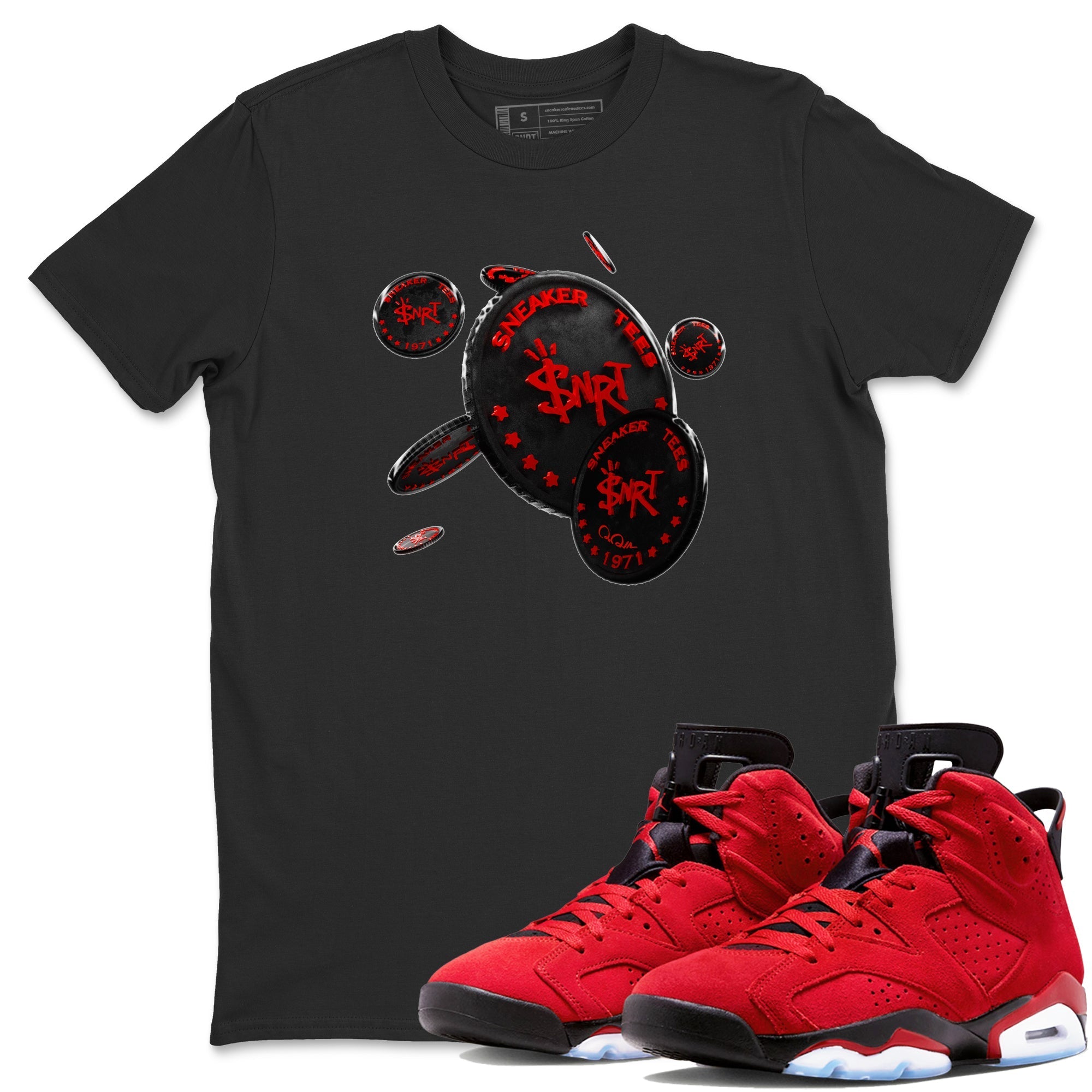 Air Jordan 6 Toro Bravo Sneaker Match Tees Coin Drop Streetwear Sneaker Shirt 3D Graphic Design Shirts AJ6 Toro Bravo Sneaker Release Tees Unisex Shirts Black 1