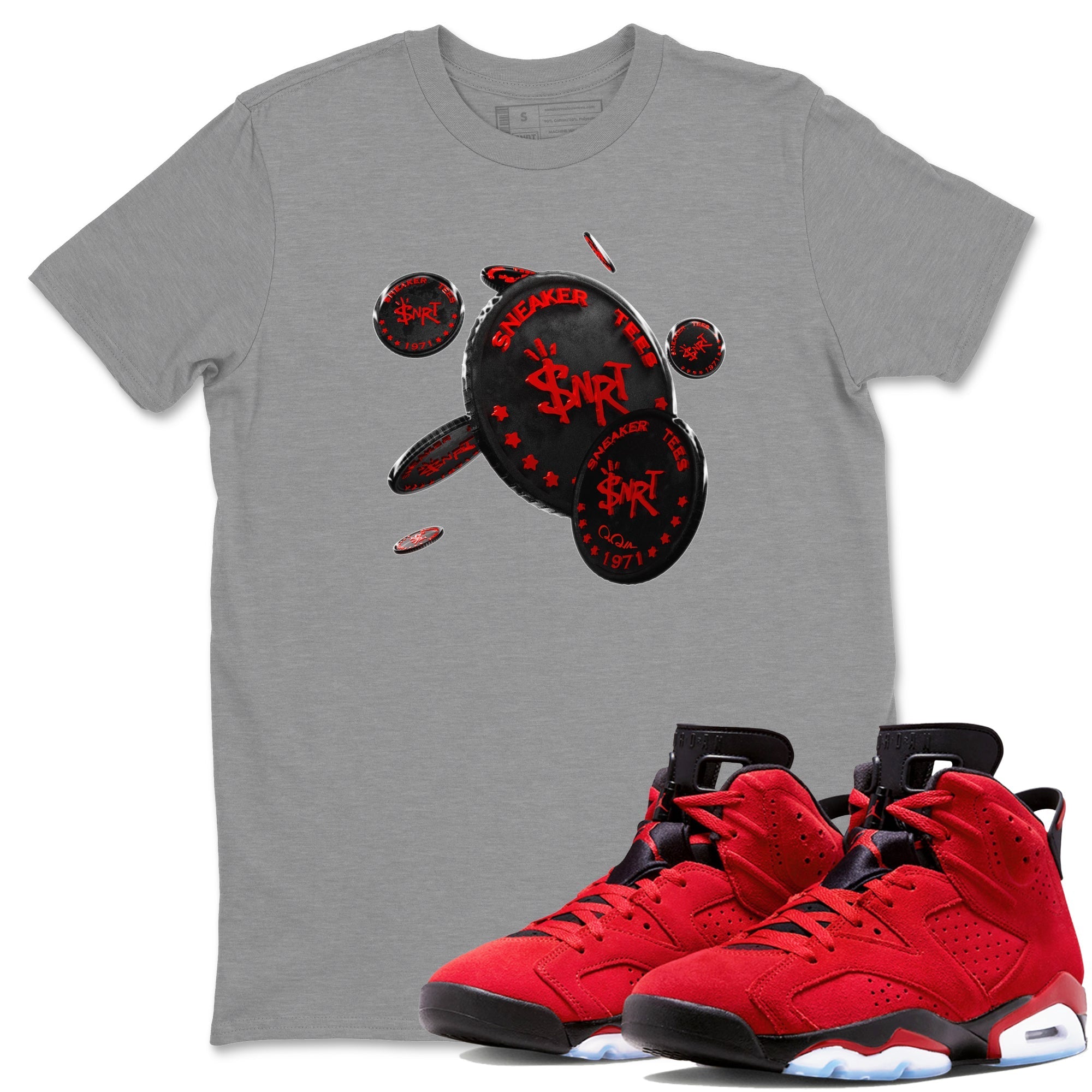 Air Jordan 6 Toro Bravo Sneaker Match Tees Coin Drop Streetwear Sneaker Shirt 3D Graphic Design Shirts AJ6 Toro Bravo Sneaker Release Tees Unisex Shirts Heather Grey 1