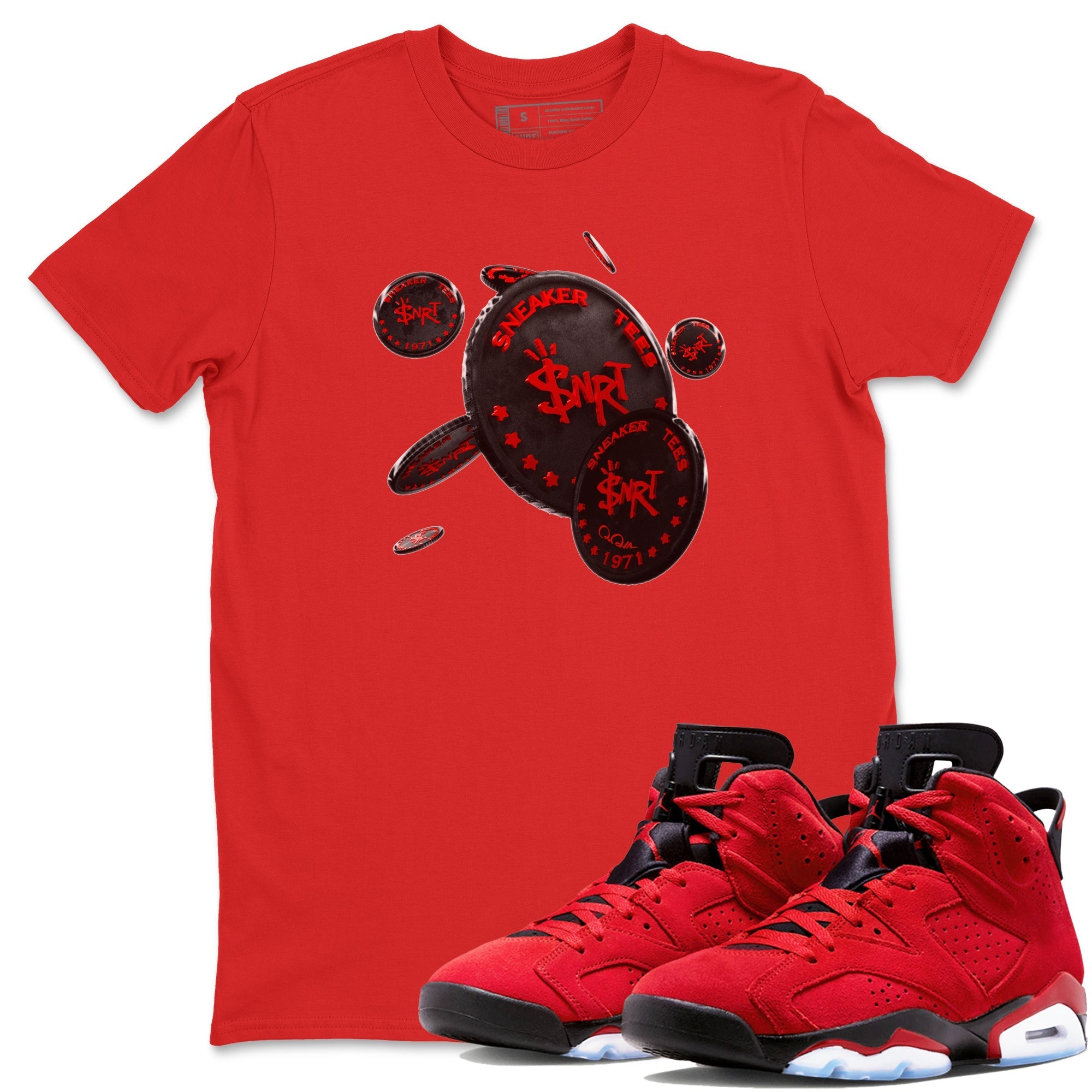 Air Jordan 6 Toro Bravo Sneaker Match Tees Coin Drop Streetwear Sneaker Shirt 3D Graphic Design Shirts AJ6 Toro Bravo Sneaker Release Tees Unisex Shirts Red 1