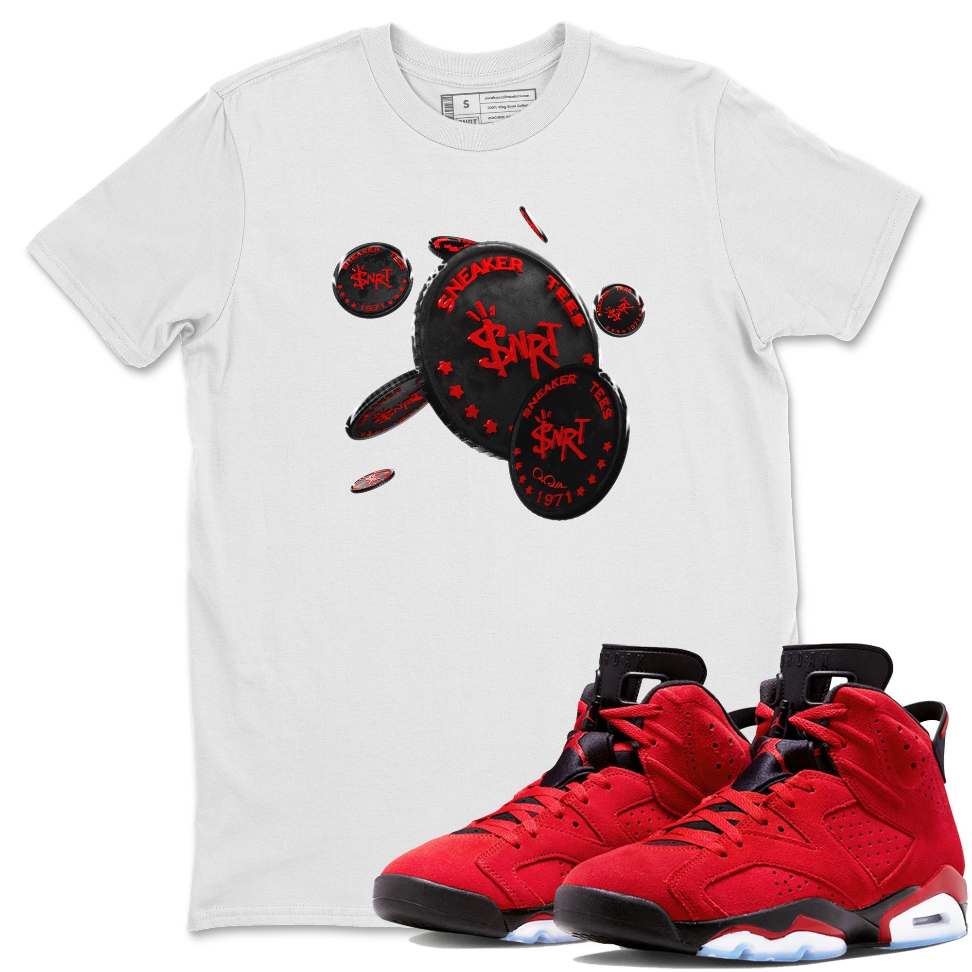 Air Jordan 6 Toro Bravo Sneaker Match Tees Coin Drop Streetwear Sneaker Shirt 3D Graphic Design Shirts AJ6 Toro Bravo Sneaker Release Tees Unisex Shirts White 1