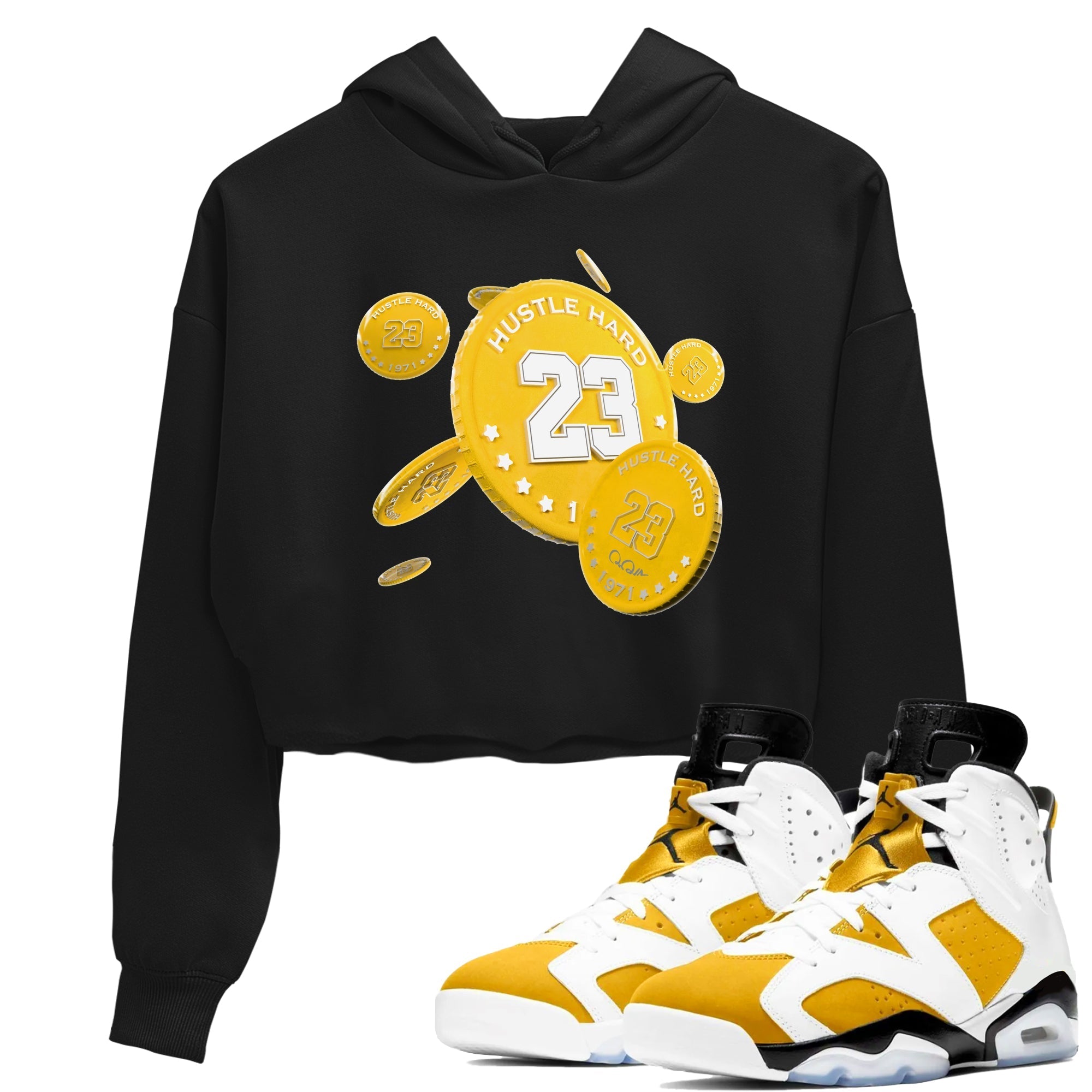 6s Yellow Ochre shirt to match jordans Coin Drop sneaker tees streetwear brand Air Jordan 6 Yellow Ochre Drip Gear Zone Brand Black 1 Crop T-Shirt