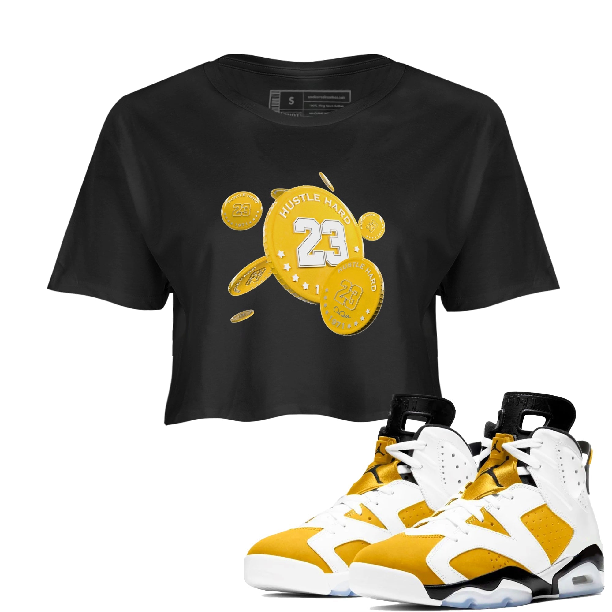 6s Yellow Ochre shirt to match jordans Coin Drop sneaker tees streetwear brand Air Jordan 6 Yellow Ochre Drip Gear Zone Brand Black 1 Crop T-Shirt
