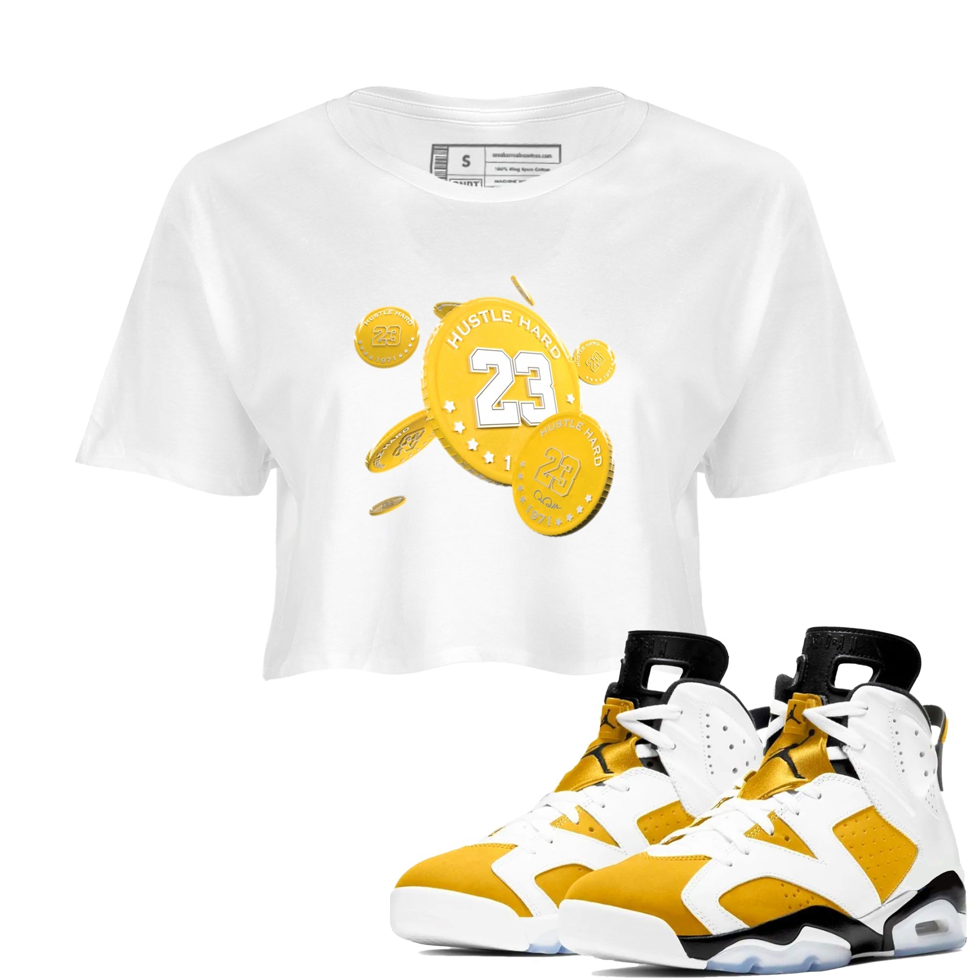 6s Yellow Ochre shirt to match jordans Coin Drop sneaker tees streetwear brand Air Jordan 6 Yellow Ochre Drip Gear Zone Brand White 1 Crop T-Shirt