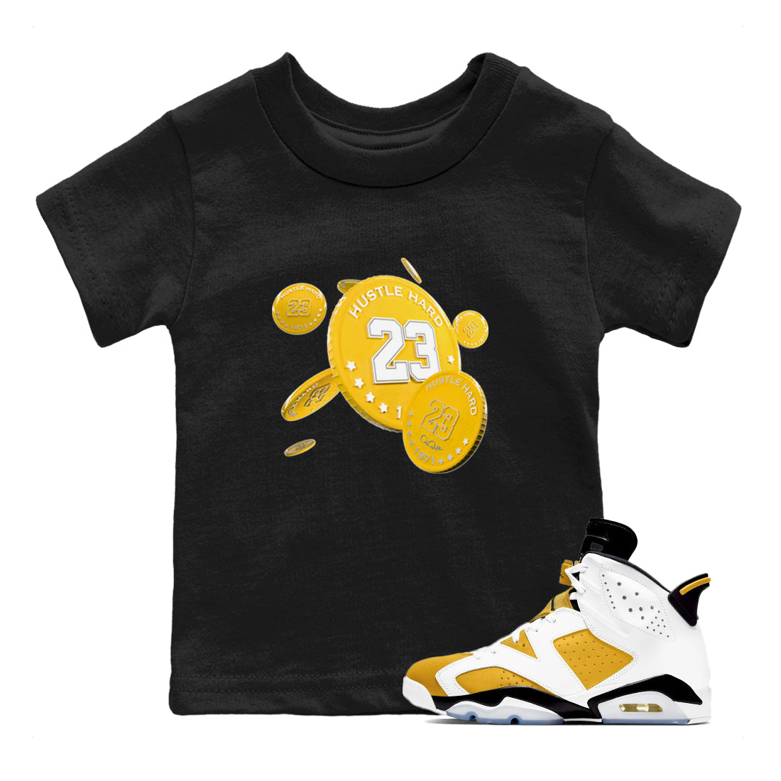 6s Yellow Ochre shirt to match jordans Coin Drop sneaker tees streetwear brand Air Jordan 6 Yellow Ochre Drip Gear Zone Brand Baby Toddler Black 1 T-Shirt