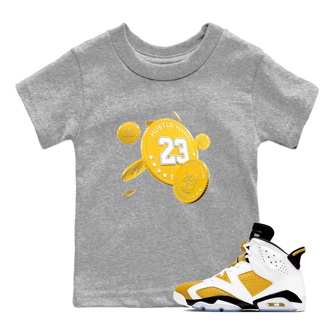 6s Yellow Ochre shirt to match jordans Coin Drop sneaker tees streetwear brand Air Jordan 6 Yellow Ochre Drip Gear Zone Brand Baby Toddler Heather Grey 1 T-Shirt