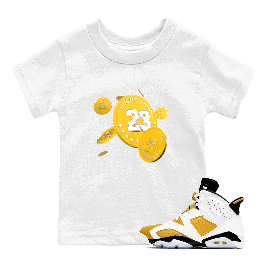 6s Yellow Ochre shirt to match jordans Coin Drop sneaker tees streetwear brand Air Jordan 6 Yellow Ochre Drip Gear Zone Brand Baby Toddler White 1 T-Shirt