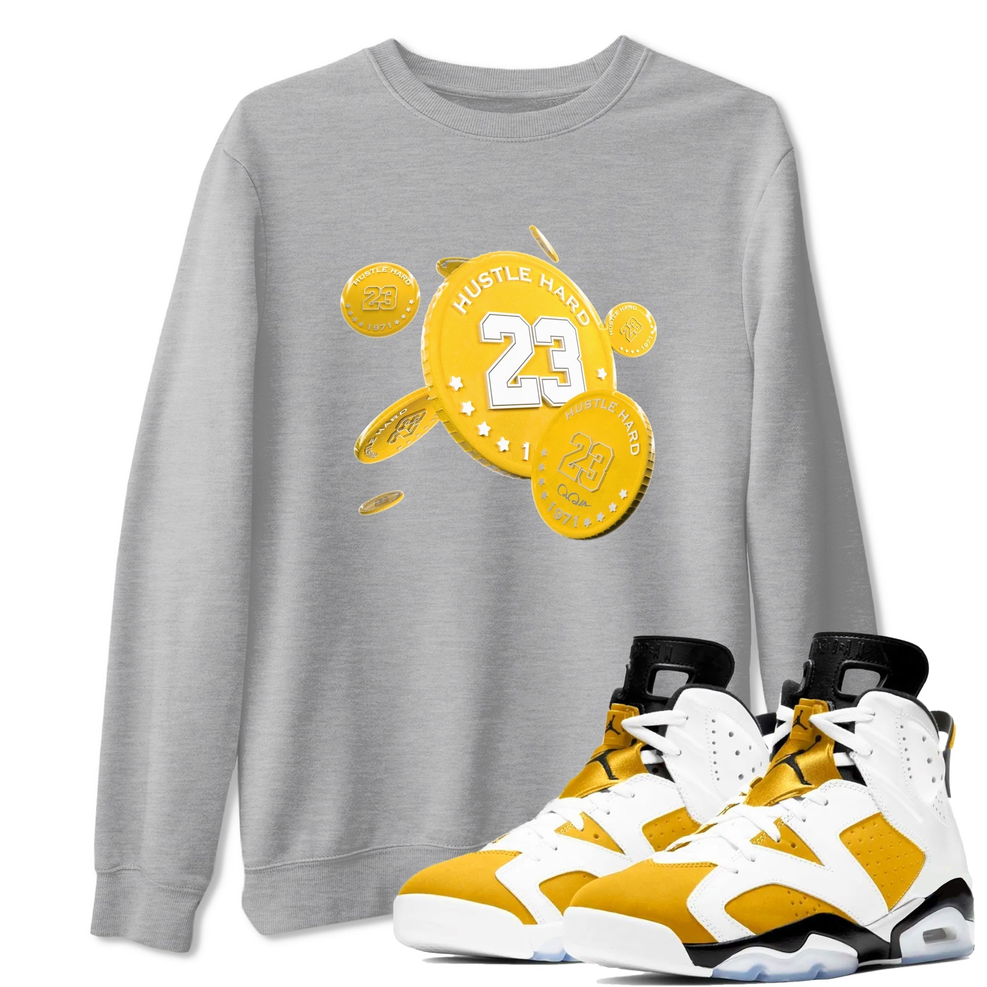 6s Yellow Ochre shirt to match jordans Coin Drop sneaker tees streetwear brand Air Jordan 6 Yellow Ochre Drip Gear Zone Brand Unisex Heather Grey 1 T-Shirt
