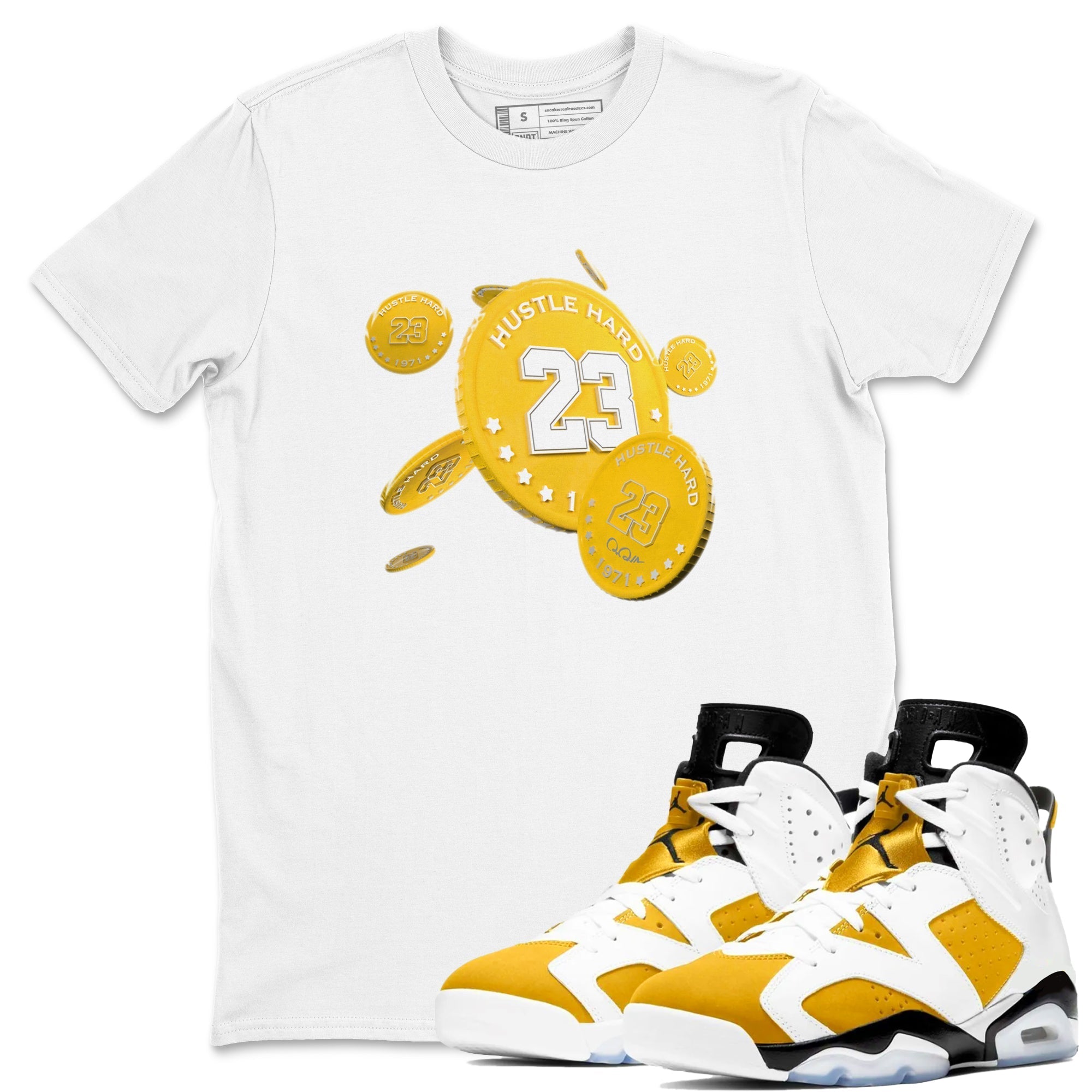 6s Yellow Ochre shirt to match jordans Coin Drop sneaker tees streetwear brand Air Jordan 6 Yellow Ochre Drip Gear Zone Brand Unisex White 1 T-Shirt