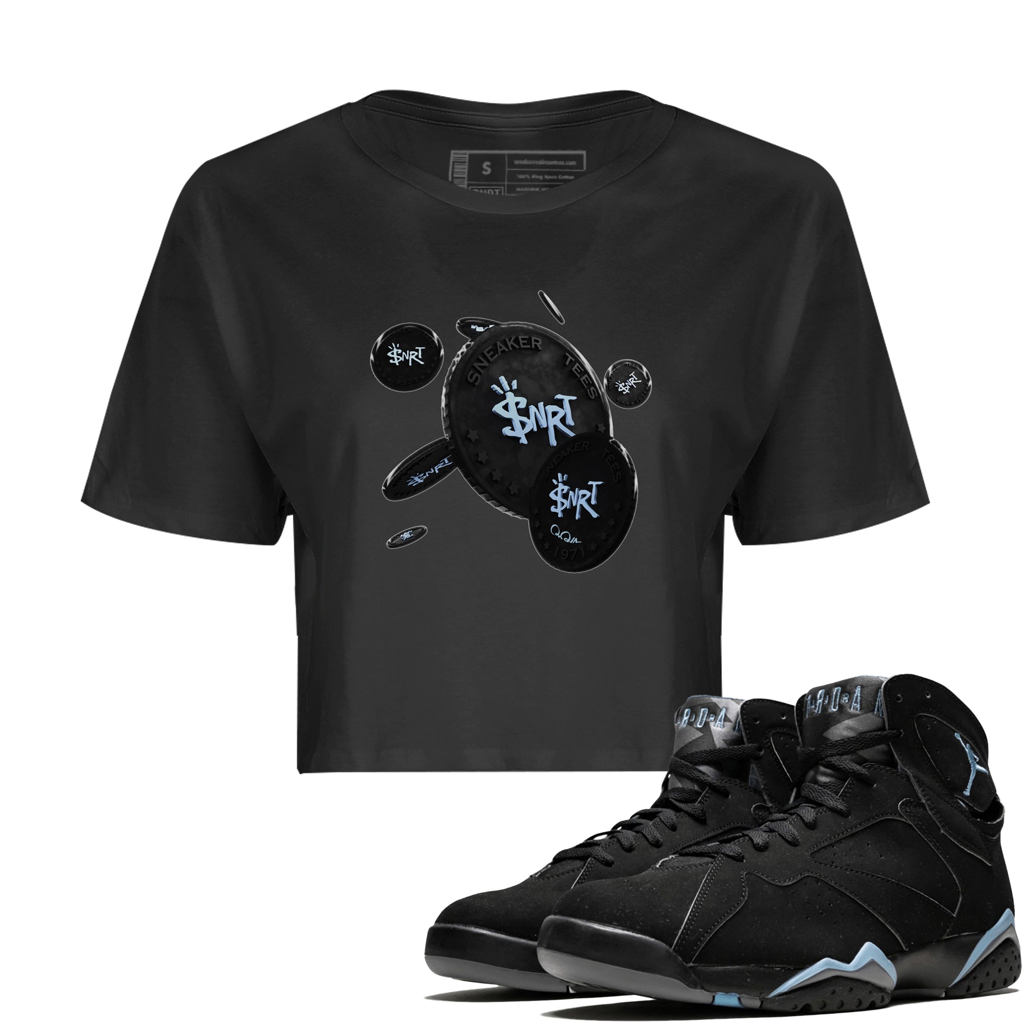 Air Jordan 7 Chambray Sneaker Match Tees Coin Drop Sneaker Tees AJ7 Chambray Sneaker Release Tees Women's Shirts Black 1