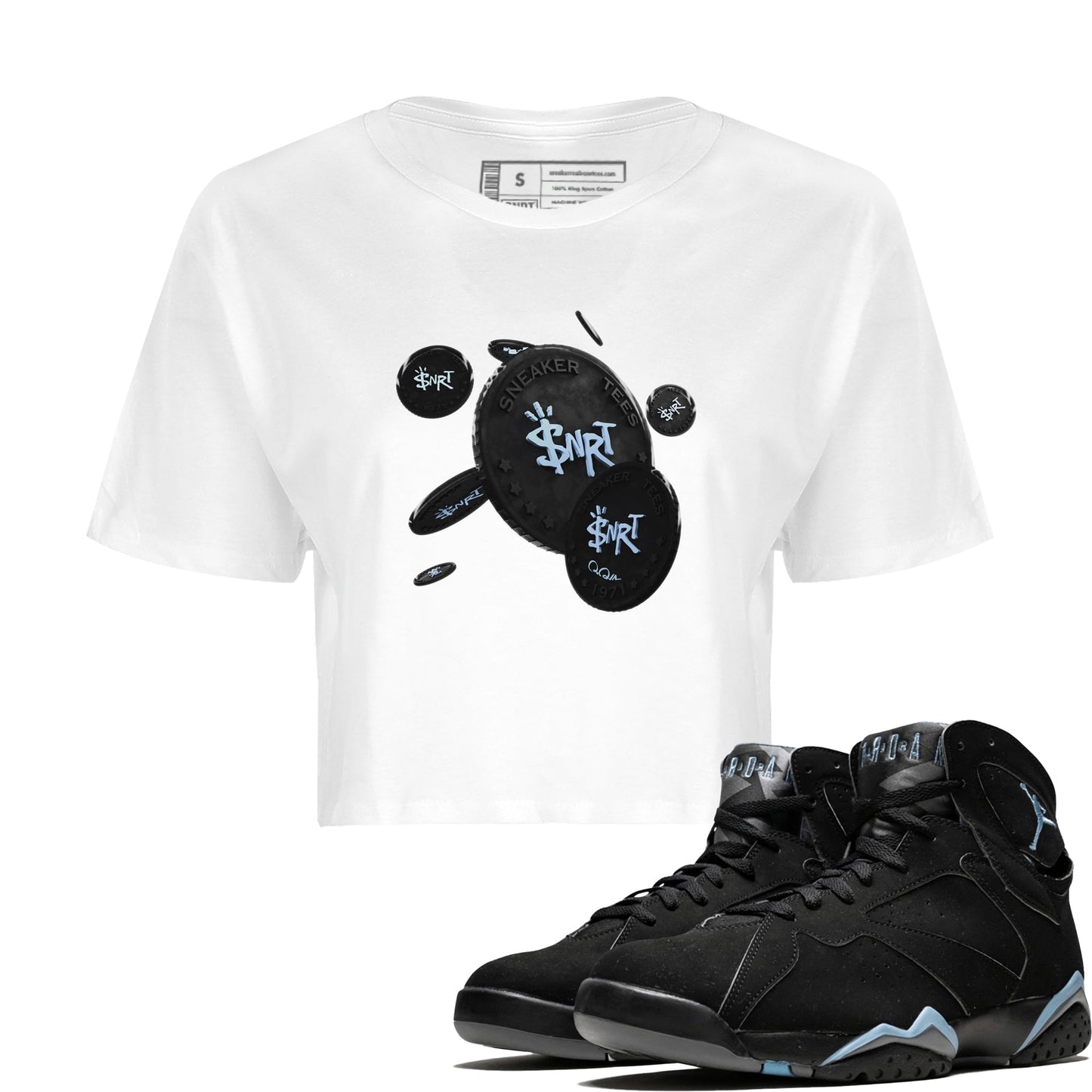 Air Jordan 7 Chambray Sneaker Match Tees Coin Drop Sneaker Tees AJ7 Chambray Sneaker Release Tees Women's Shirts White 1