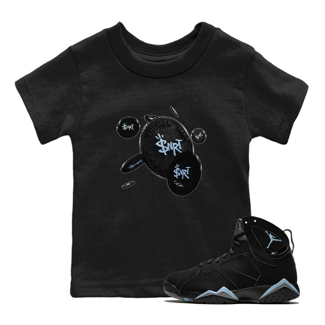 Air Jordan 7 Chambray Sneaker Match Tees Coin Drop Sneaker Tees AJ7 Chambray Sneaker Release Tees Kids Shirts Black 1