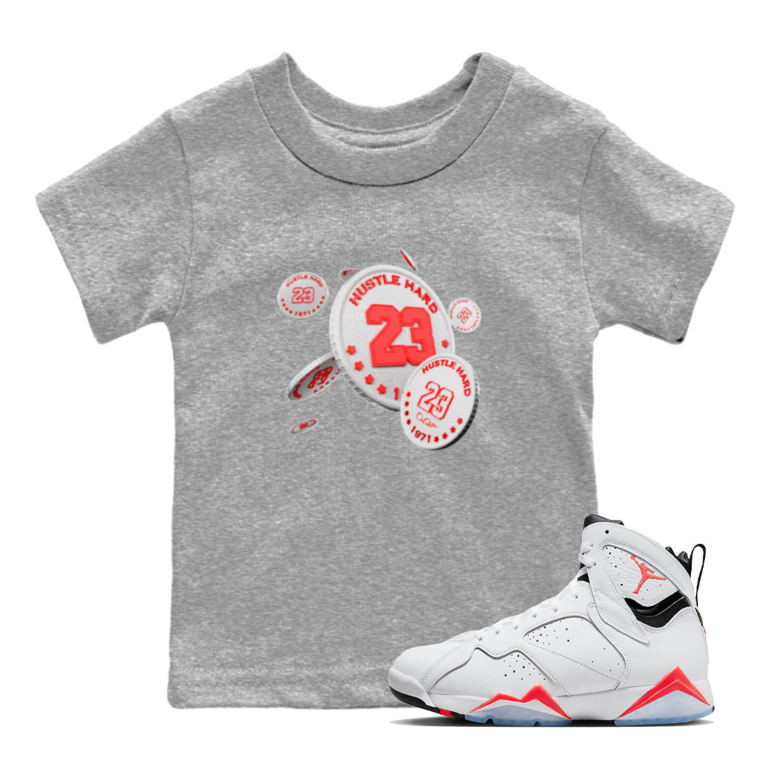 Air Jordan 7 Infrared Sneaker Match Tees Coin Drop Streetwear Sneaker Shirt AJ7 Infrared Sneaker Release Tees Kids Shirts Heather Grey 1