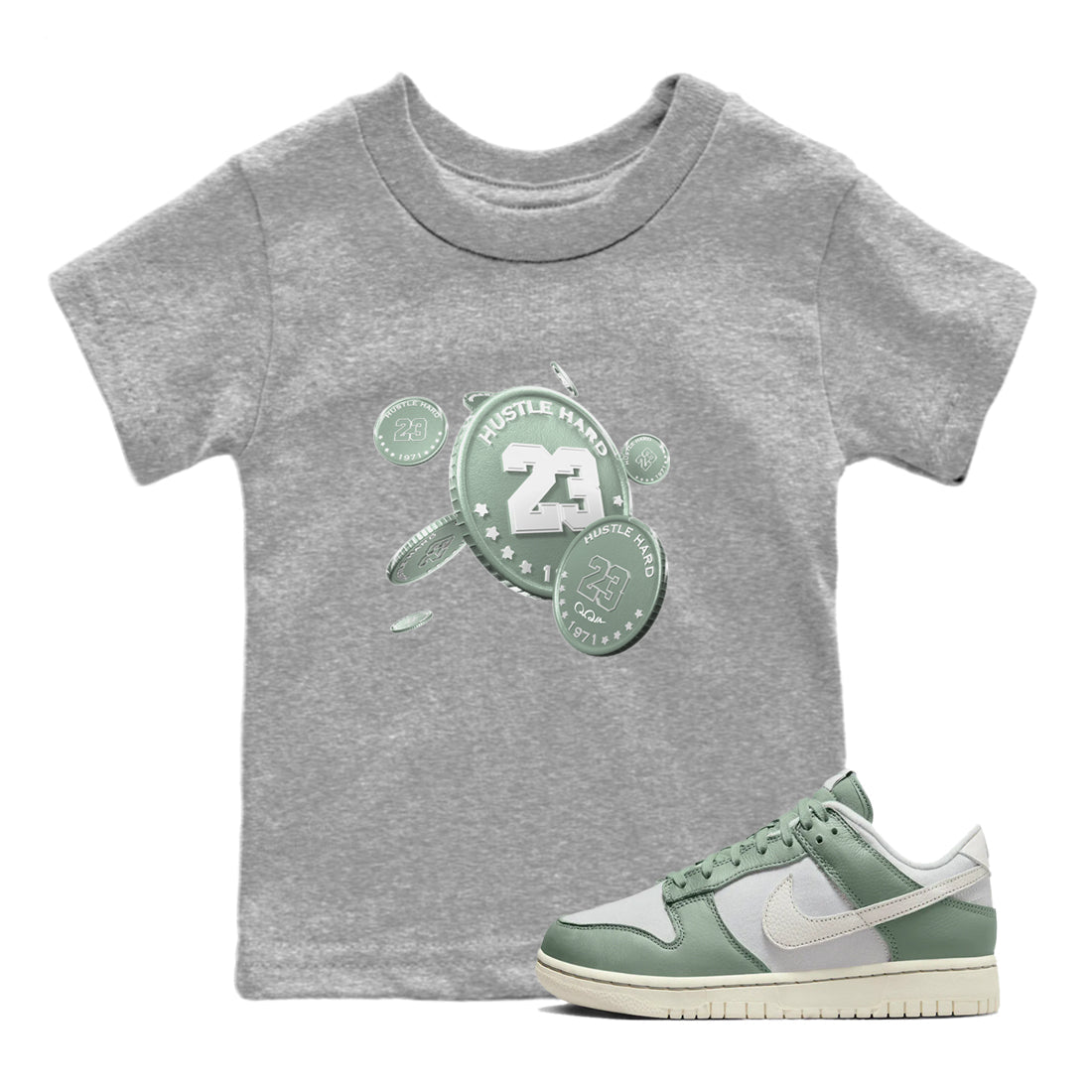 Dunk Mica Green Sneaker Match Tees Coin Drop Sneaker Tees Dunk OG Low Mica Green Sneaker Release Tees Kids Shirts Heather Grey 1