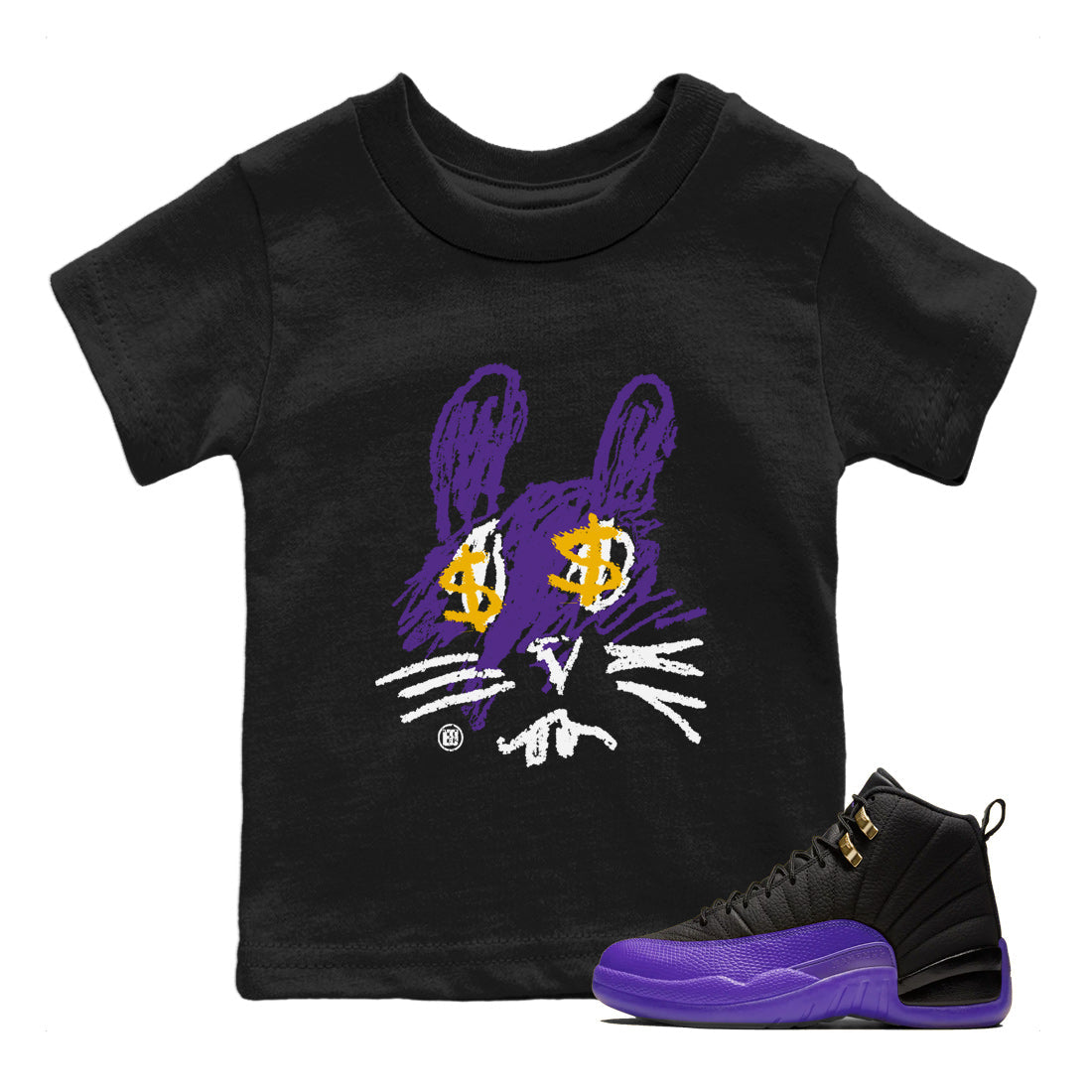 Air Jordan 12 Field Purple Sneaker Match Tees Crayon Bunny Streetwear Sneaker Shirt AJ12 Field Purple Drip Gear Zone Sneaker Matching Clothing Kids Shirts Black 1