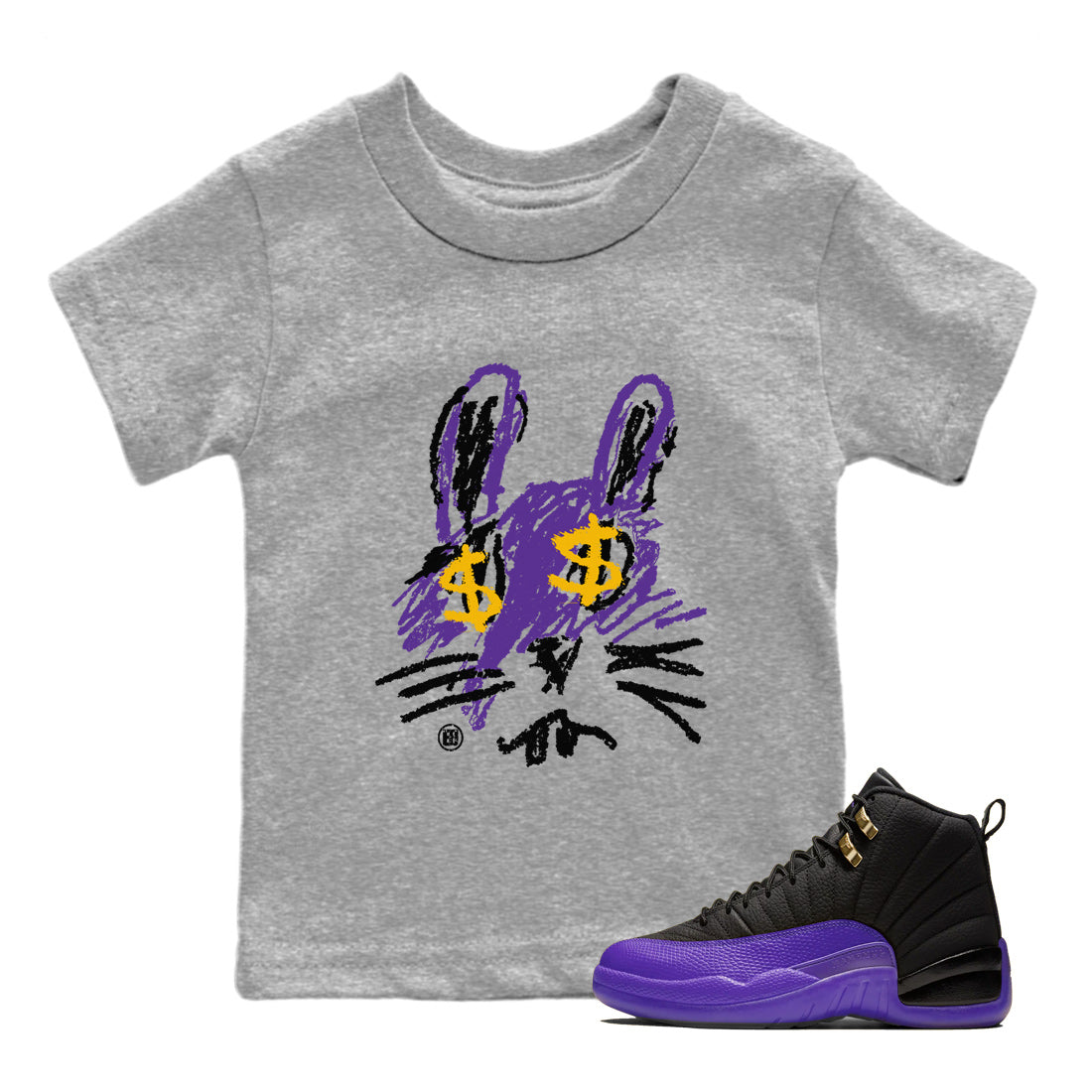Air Jordan 12 Field Purple Sneaker Match Tees Crayon Bunny Streetwear Sneaker Shirt AJ12 Field Purple Drip Gear Zone Sneaker Matching Clothing Kids Shirts Heather Grey 1