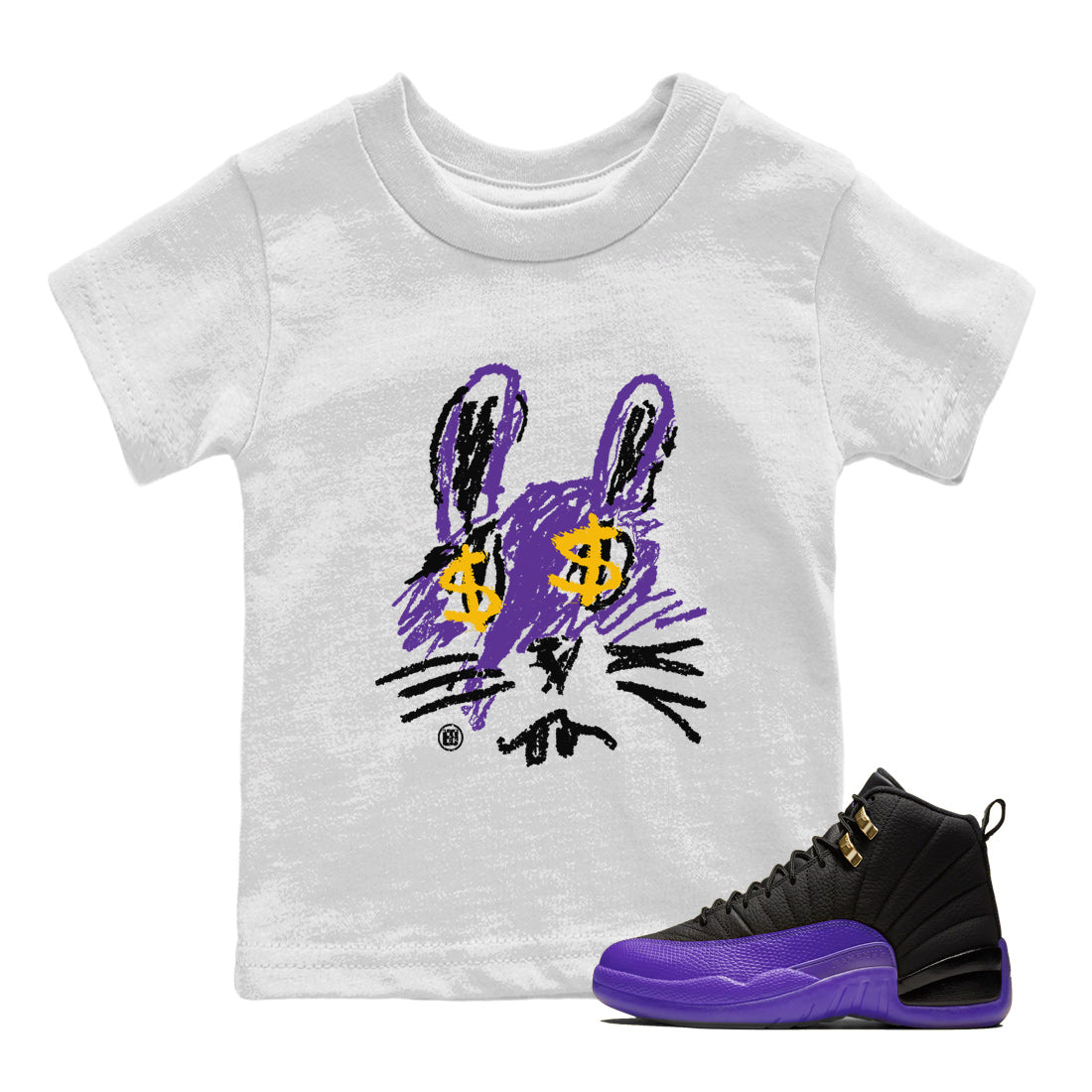 Air Jordan 12 Field Purple Sneaker Match Tees Crayon Bunny Streetwear Sneaker Shirt AJ12 Field Purple Drip Gear Zone Sneaker Matching Clothing Kids Shirts White 1