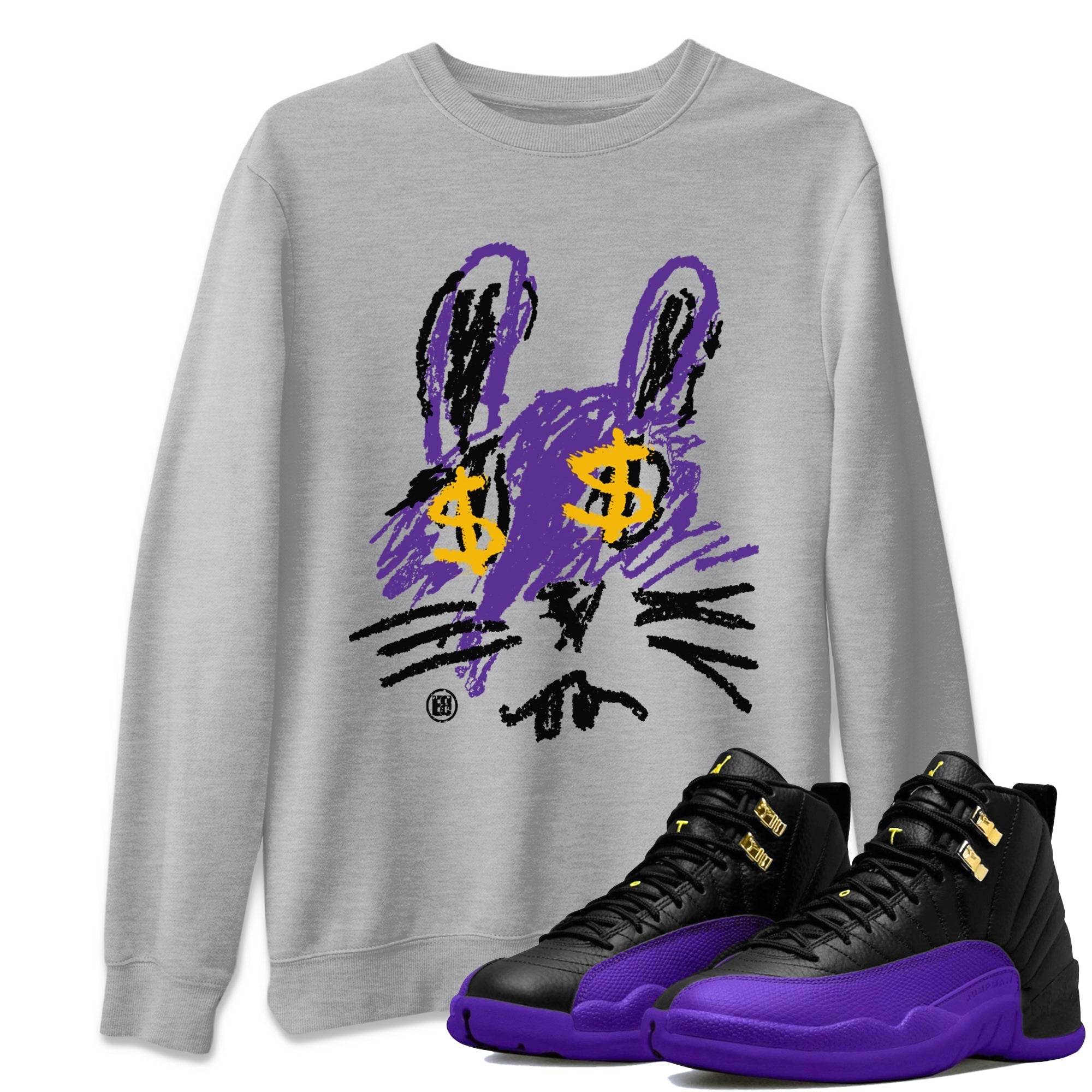 Air Jordan 12 Field Purple Sneaker Match Tees Crayon Bunny Streetwear Sneaker Shirt AJ12 Field Purple Drip Gear Zone Sneaker Matching Clothing Unisex Shirts Heather Grey 1