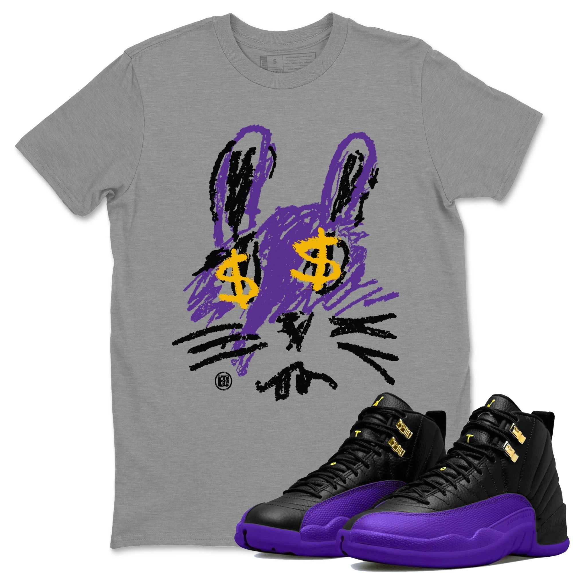 Air Jordan 12 Field Purple Sneaker Match Tees Crayon Bunny Streetwear Sneaker Shirt AJ12 Field Purple Drip Gear Zone Sneaker Matching Clothing Unisex Shirts Heather Grey 1