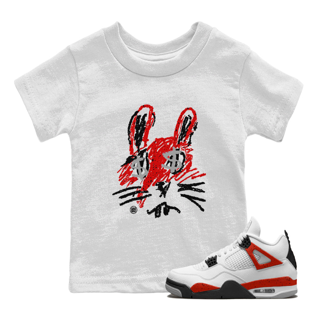 Air Jordan 4 Red Cement Sneaker Match Tees Crayon Bunny Streetwear Sneaker Shirt AJ4 Red Cement Sneaker Release Tees Kids Shirts White 1