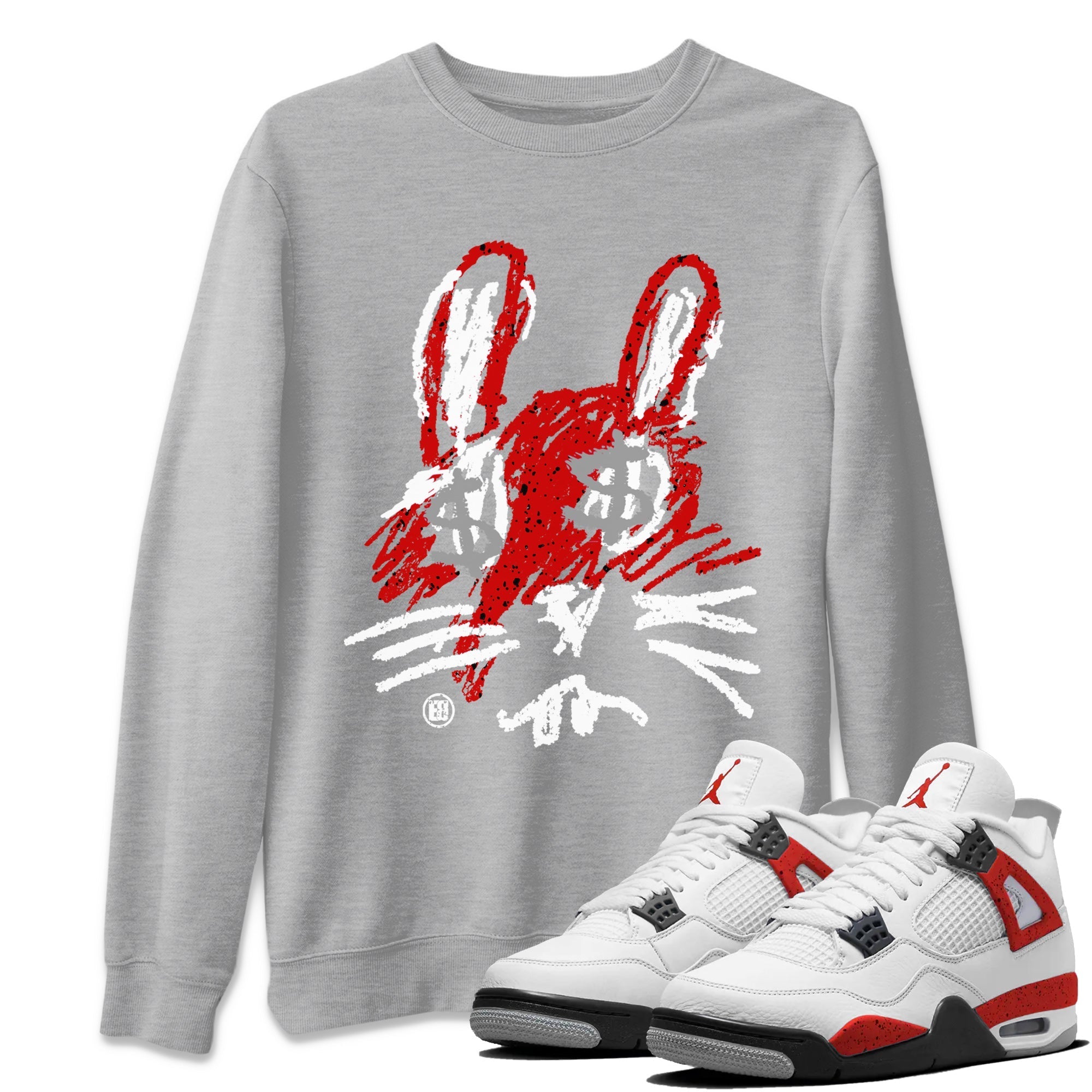 Air Jordan 4 Red Cement Sneaker Match Tees Crayon Bunny Streetwear Sneaker Shirt AJ4 Red Cement Sneaker Release Tees Unisex Shirts Heather Grey 1