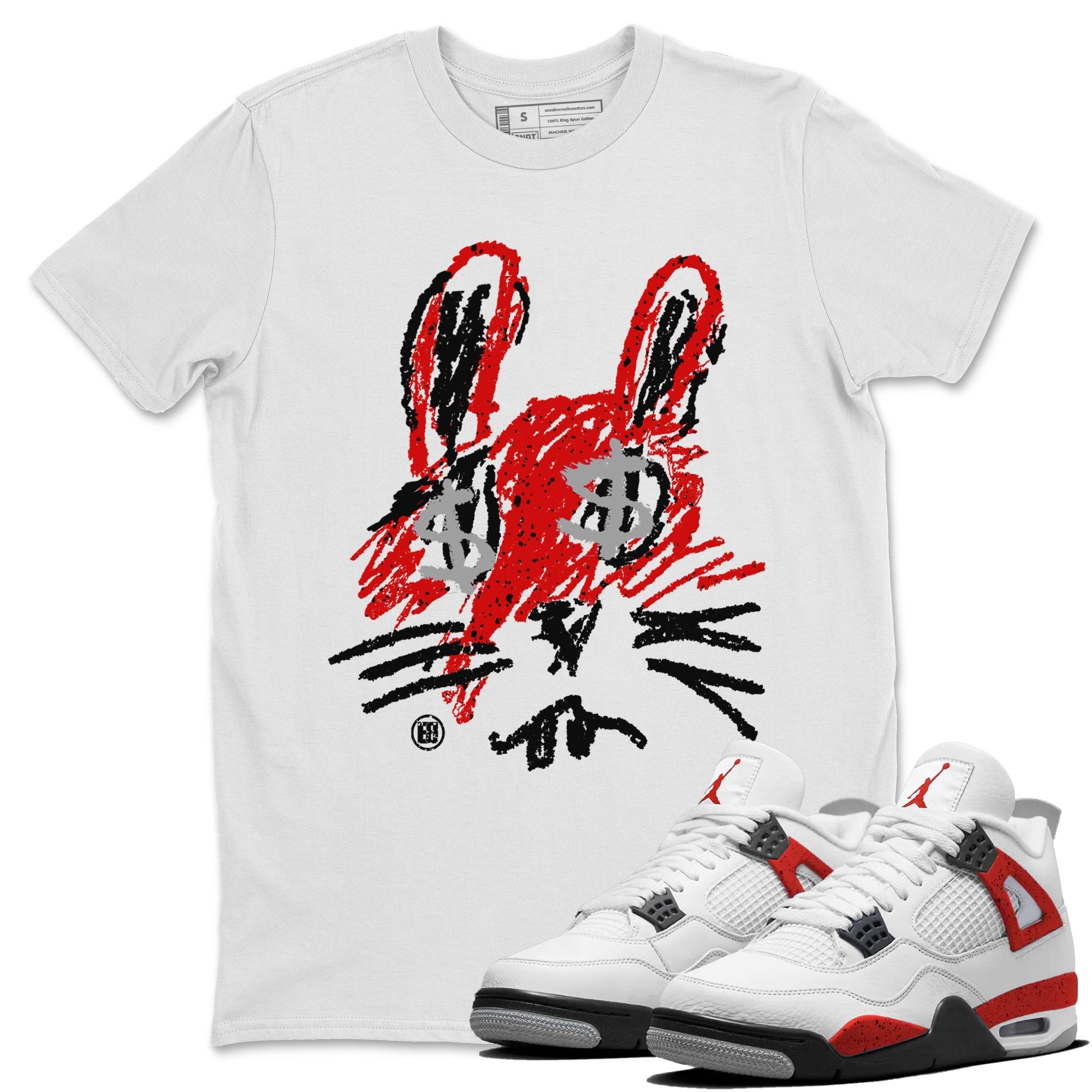 Air Jordan 4 Red Cement Sneaker Match Tees Crayon Bunny Streetwear Sneaker Shirt AJ4 Red Cement Sneaker Release Tees Unisex Shirts White 1