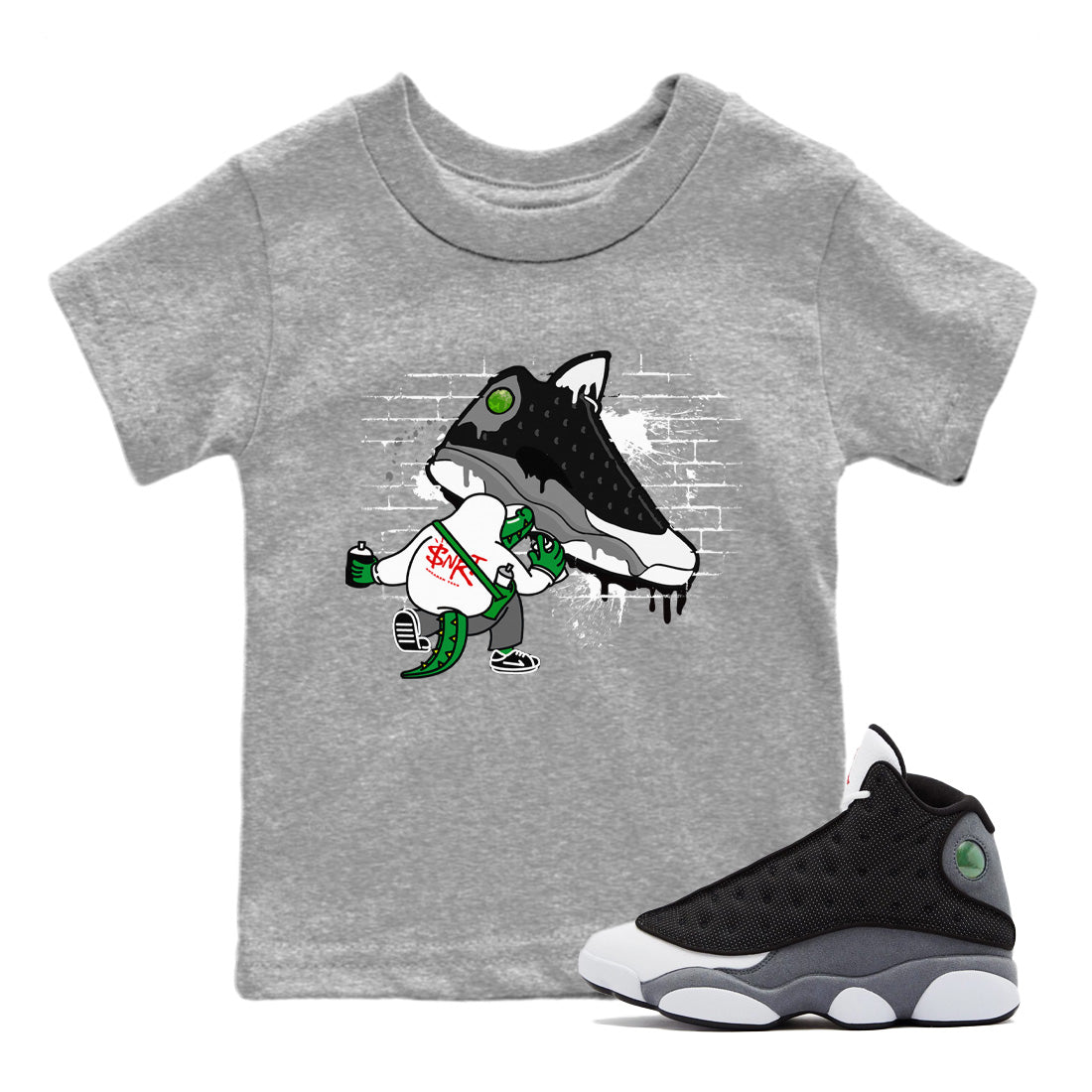 Air Jordan 13 Black Flint Sneaker Match Tees Crocodile Artist Streetwear Sneaker Shirt Air Jordan 13 Retro Black Flint Sneaker Release Tees Kids Shirts Heather Grey 1