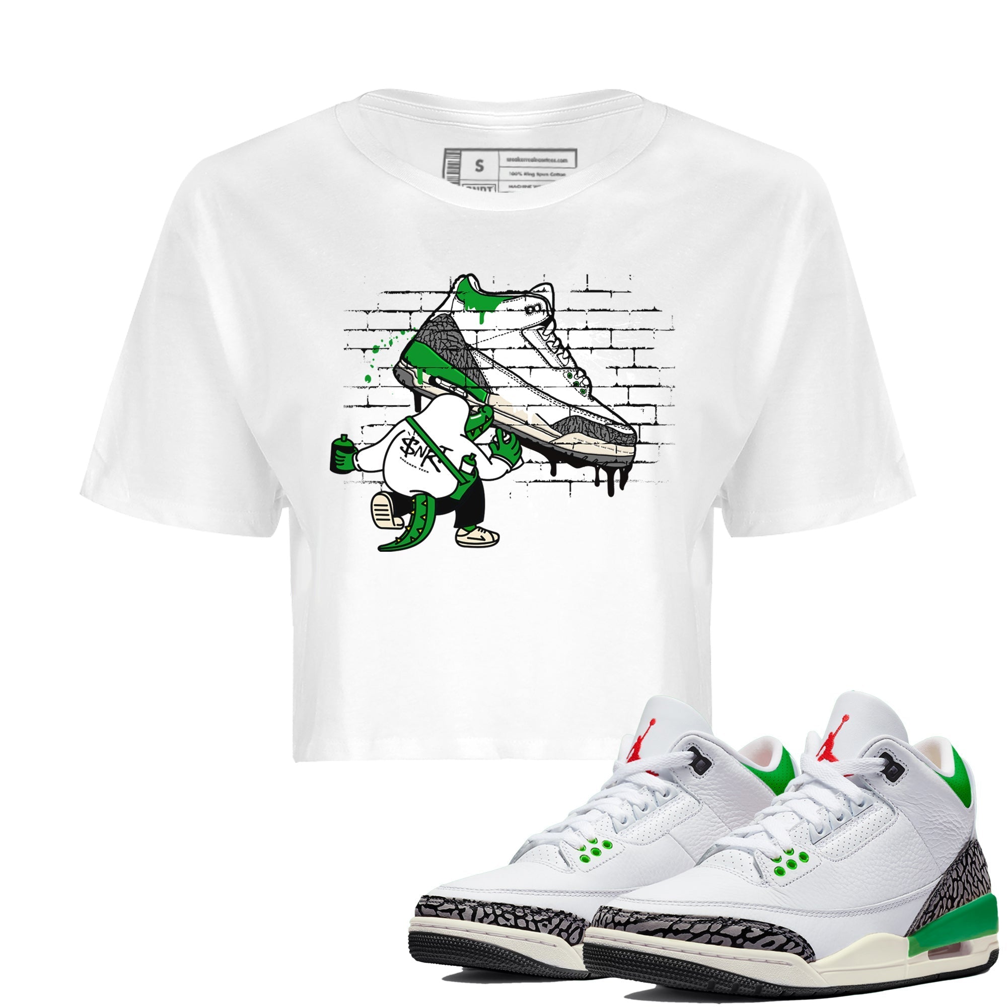 AJ3 Lucky Green Sneaker Match Tees Crocodile Artist Streetwear Sneaker Shirt Air Jordan 3 Lucky Green Sneaker Release Tees Women's Shirts White 1