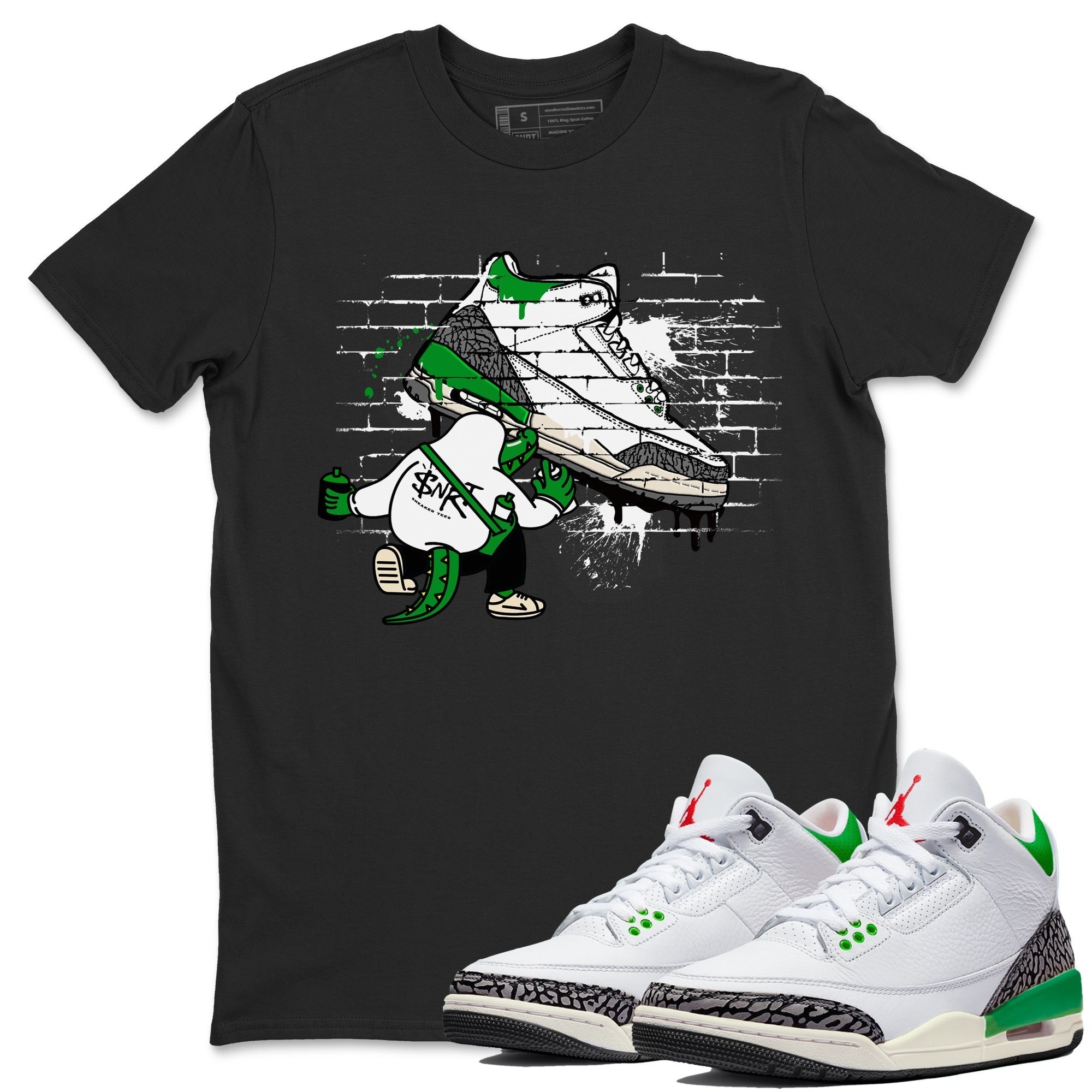 AJ3 Lucky Green Sneaker Match Tees Crocodile Artist Streetwear Sneaker Shirt Air Jordan 3 Lucky Green Sneaker Release Tees Unisex Shirts Black 1
