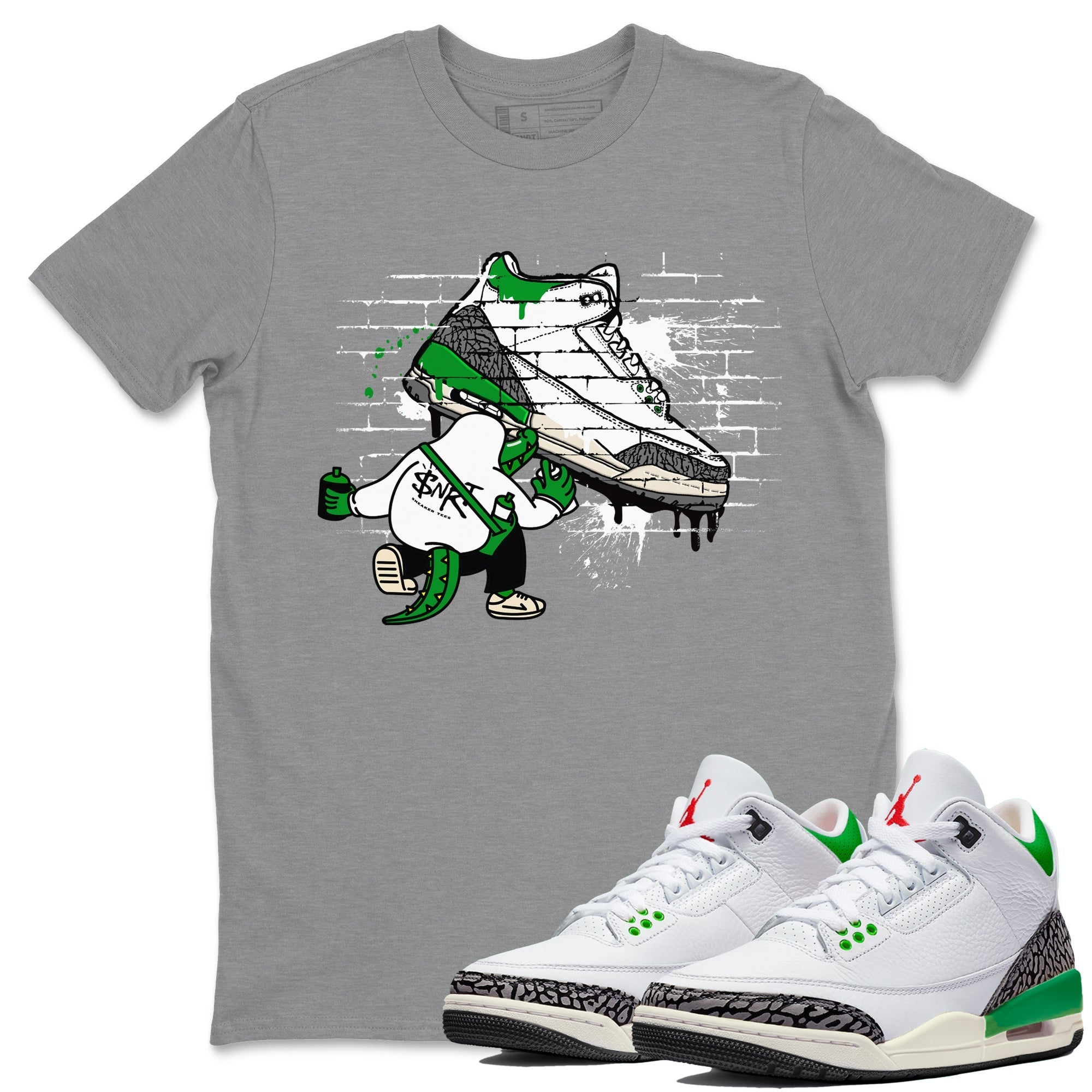 AJ3 Lucky Green Sneaker Match Tees Crocodile Artist Streetwear Sneaker Shirt Air Jordan 3 Lucky Green Sneaker Release Tees Unisex Shirts Heather Grey 1
