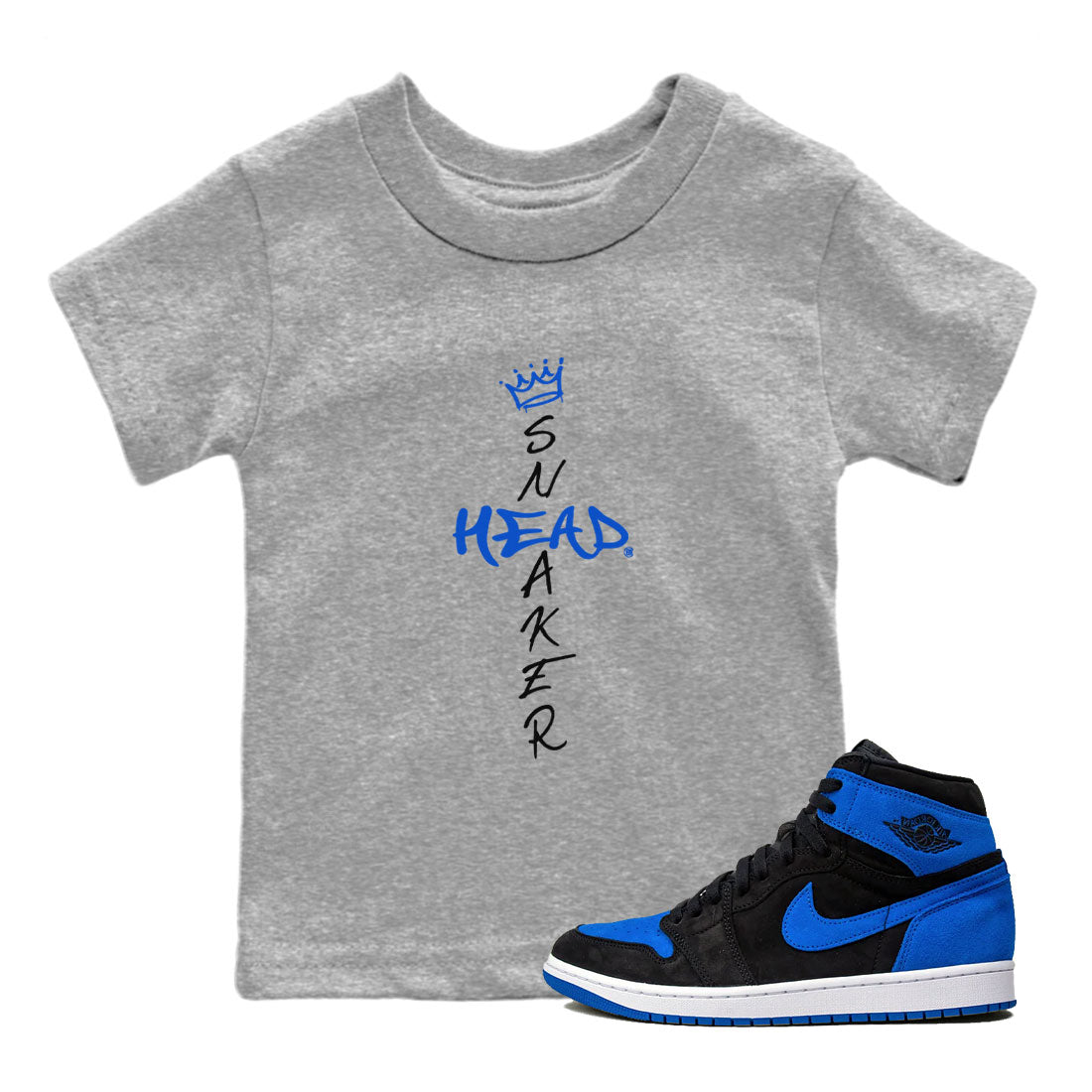 1s Royal Reimagined shirt to match jordans Cross Sneakerhead sneaker shirts Air Jordan 1 Royal Reimagined Drip Gear Zone Kids Baby Toddler sneaker shirts Heather Grey 1 T-Shirt