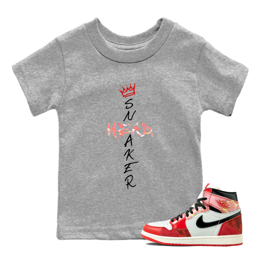 Air Jordan 1 Spider Man Sneaker Match Tees Cross Sneakerhead Sneaker Release Tees Air Jordan 1 Spider Man T-Shirt Collaboration Kids Shirts Heather Grey 1