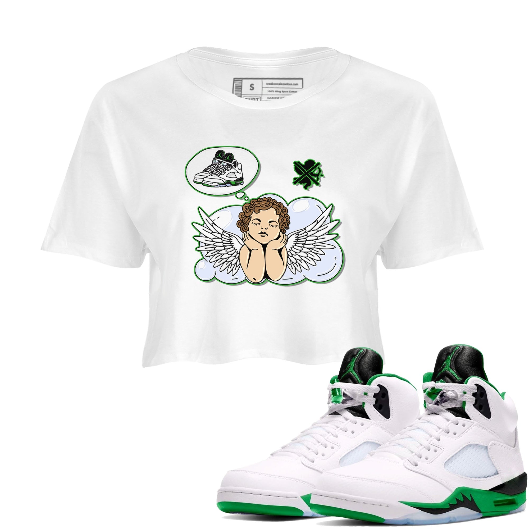 5s Lucky Green shirt to match jordans Cupids Day Off sneaker tees Air Jordan 5 Lucky Green Drip Gear Zone White 1 crop length shirt