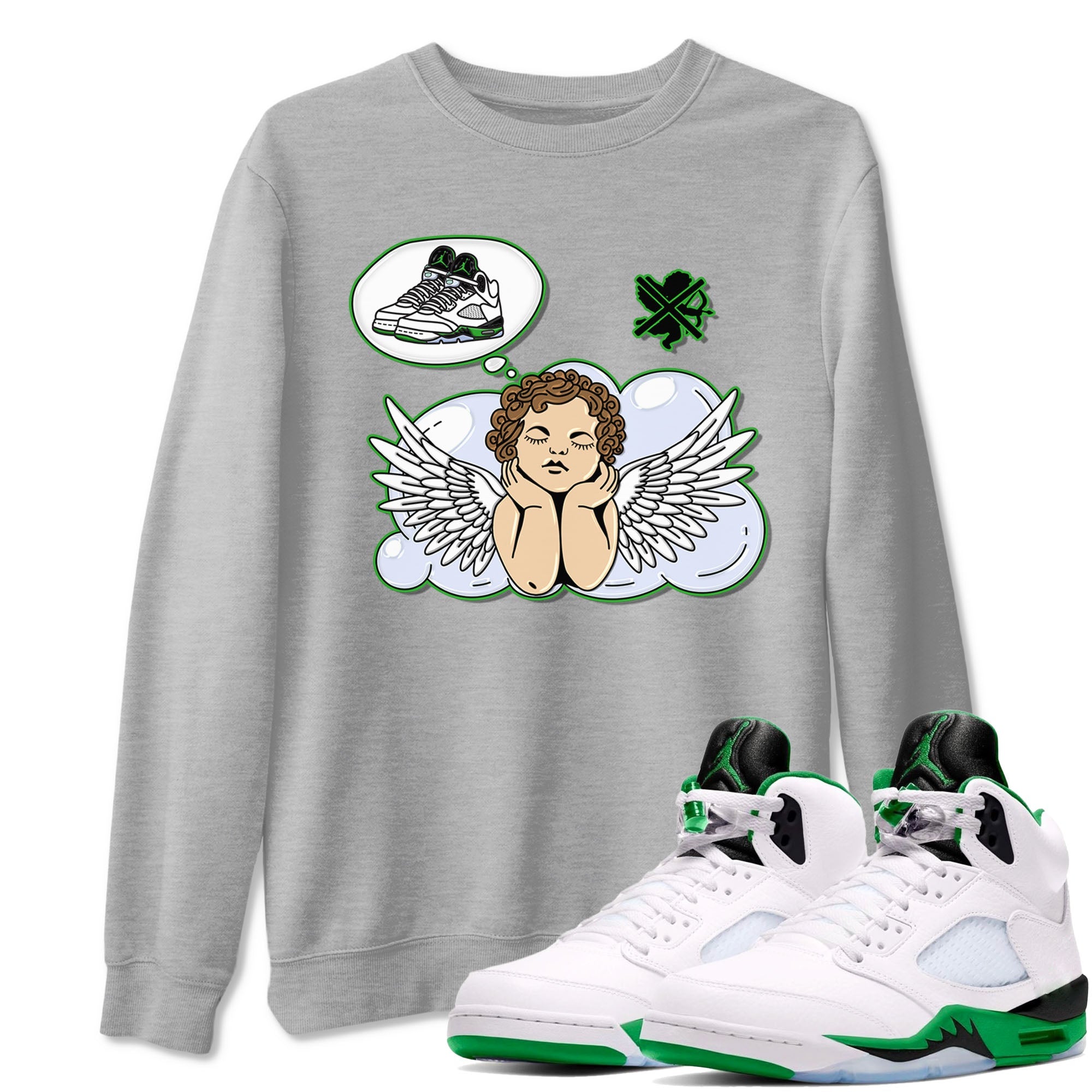 5s Lucky Green shirt to match jordans Cupids Day Off sneaker tees Air Jordan 5 Lucky Green Drip Gear Zone unisex cotton Heather Grey 1 crew neck shirt