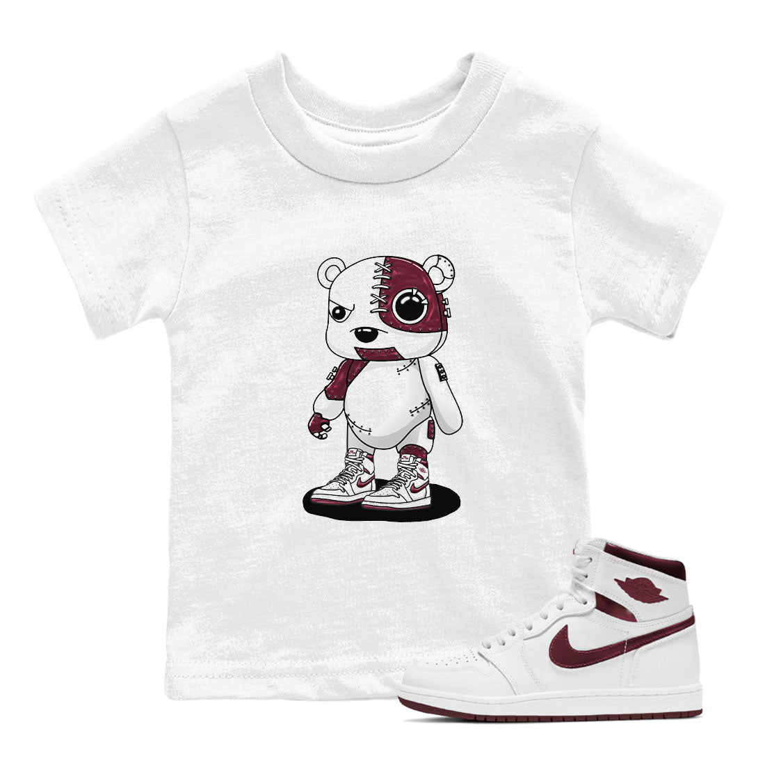AJ1 Metalic Burgundy shirt to match jordans Cyborg Bear sneaker tees Air Jordan 1 Metalic Burgundy Drip Gear Zone baby toddler White 1 cotton Shirt