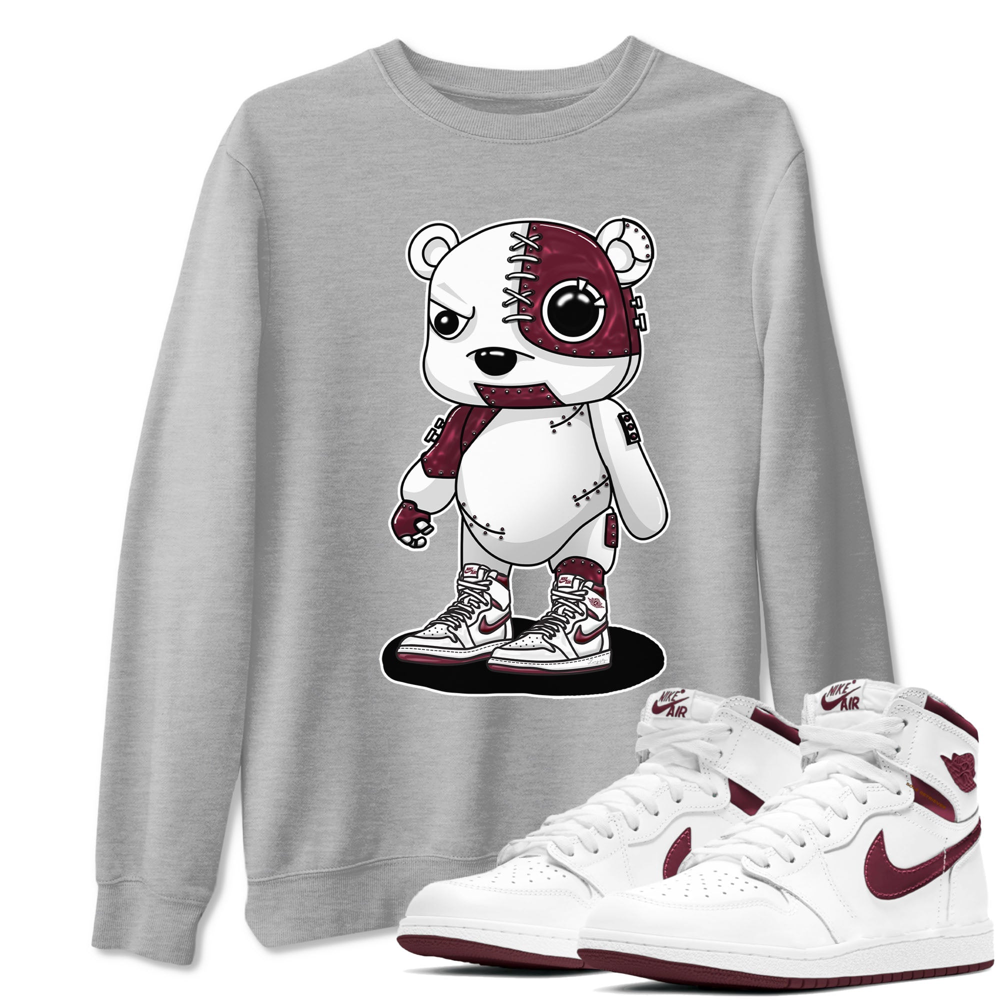 AJ1 Metalic Burgundy shirt to match jordans Cyborg Bear sneaker tees Air Jordan 1 Metalic Burgundy Drip Gear Zone unisex cotton Heather Grey 1 crew neck shirt