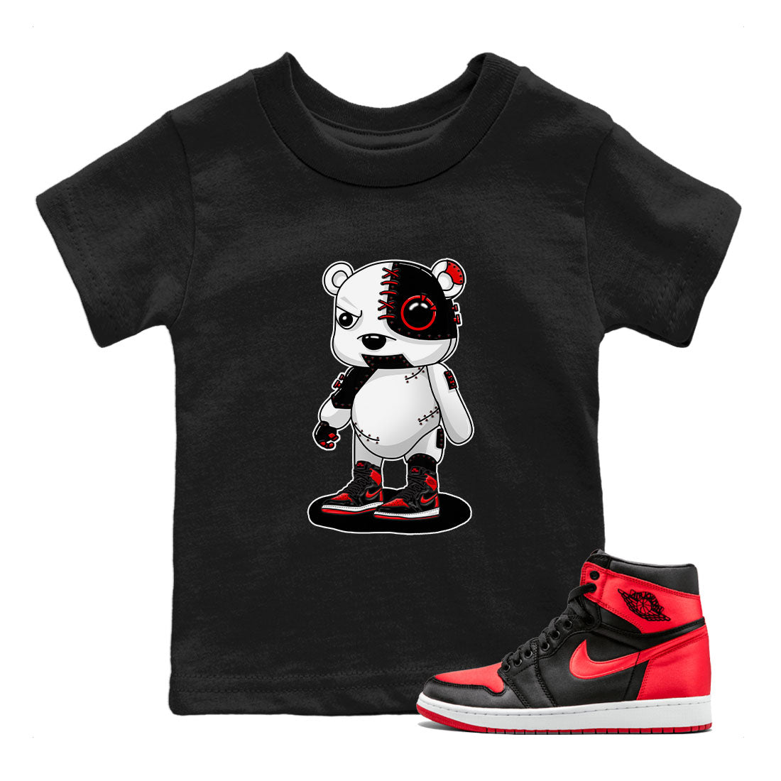 Air Jordan 1 Satin Bred shirt to match jordans Cyborg Bear sneaker tees AJ1 Retro Satin Bred Drip Gear Zone Sneaker Matching Clothing Brand Baby Toddler Black 1 T-Shirt