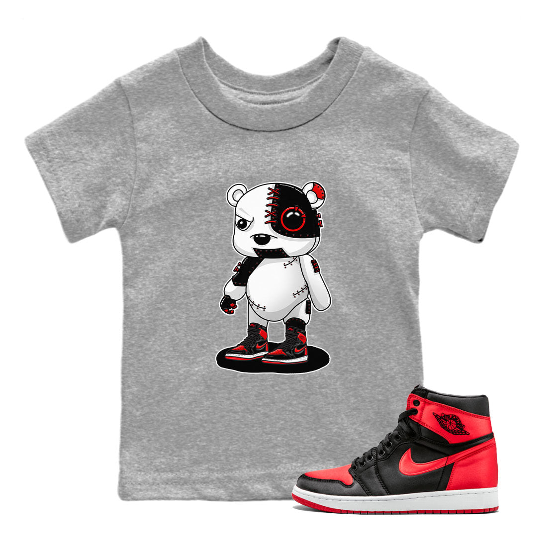 Air Jordan 1 Satin Bred shirt to match jordans Cyborg Bear sneaker tees AJ1 Retro Satin Bred Drip Gear Zone Sneaker Matching Clothing Brand Baby Toddler Heather Grey 1 T-Shirt