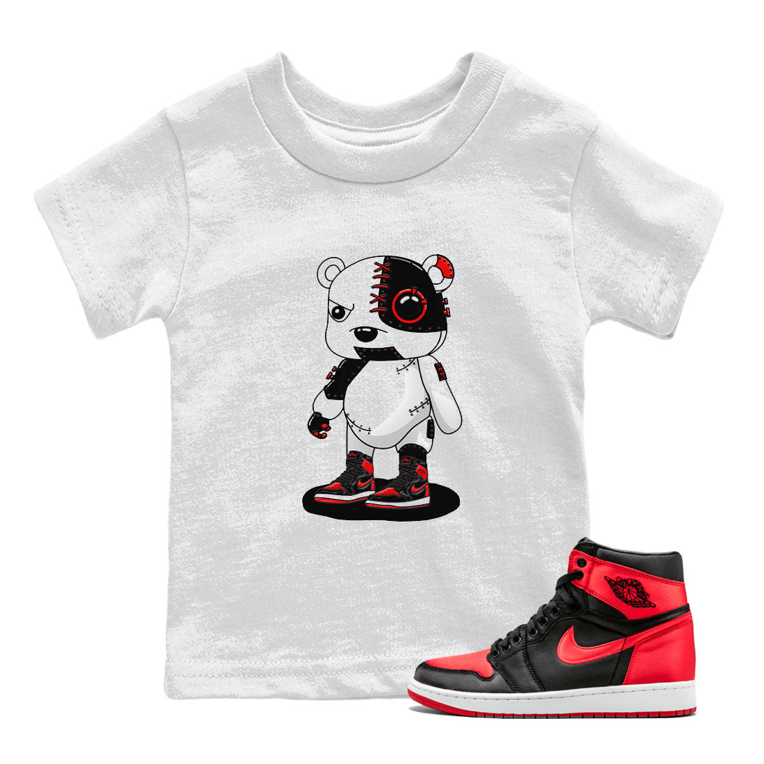 Air Jordan 1 Satin Bred shirt to match jordans Cyborg Bear sneaker tees AJ1 Retro Satin Bred Drip Gear Zone Sneaker Matching Clothing Brand Baby Toddler White 1 T-Shirt