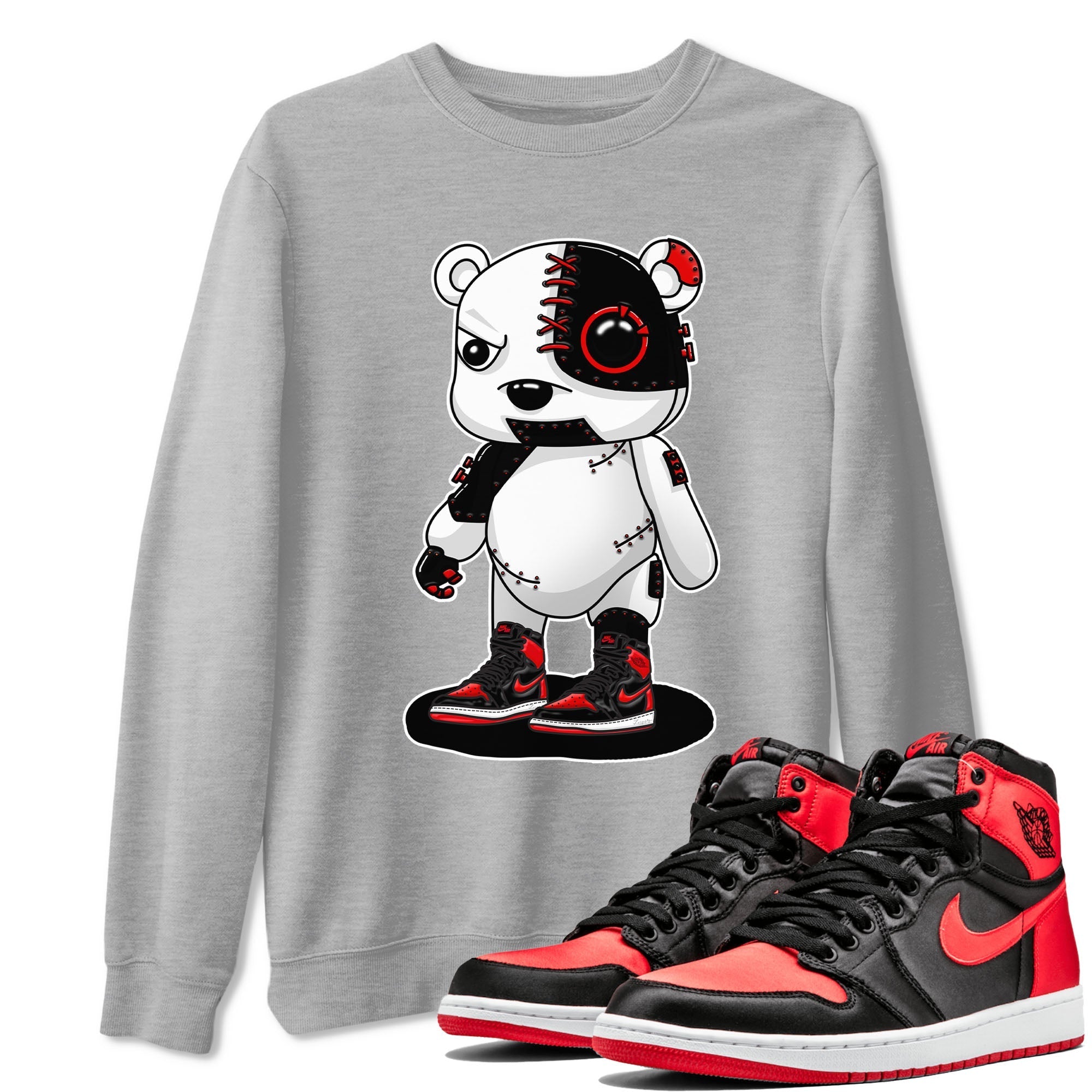 Air Jordan 1 Satin Bred shirt to match jordans Cyborg Bear sneaker tees AJ1 Retro Satin Bred Drip Gear Zone Sneaker Matching Clothing Brand Unisex Sneaker Tee Heather Grey 1 T-Shirt