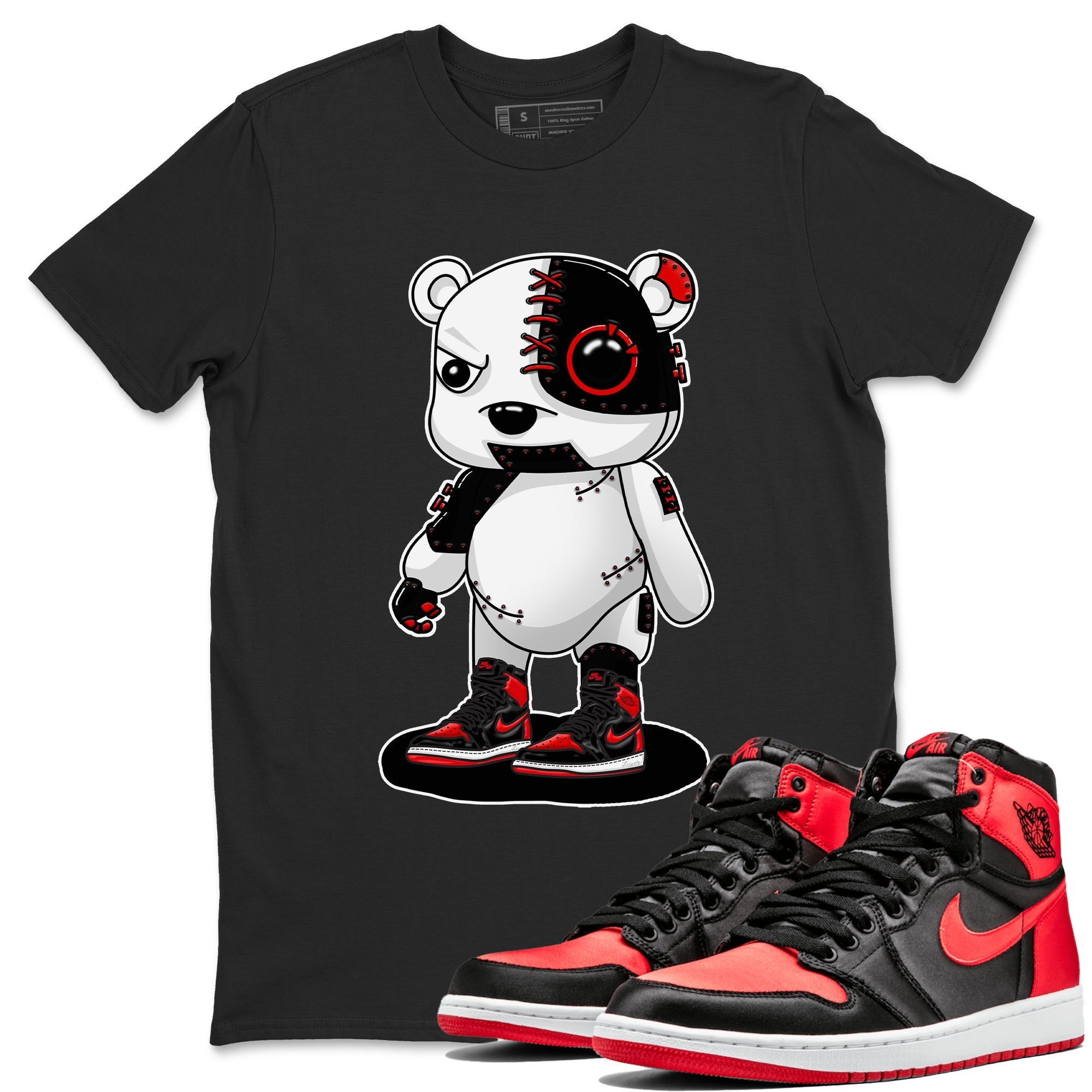 Air Jordan 1 Satin Bred shirt to match jordans Cyborg Bear sneaker tees AJ1 Retro Satin Bred Drip Gear Zone Sneaker Matching Clothing Brand Unisex Sneaker Tee Black 1 T-Shirt