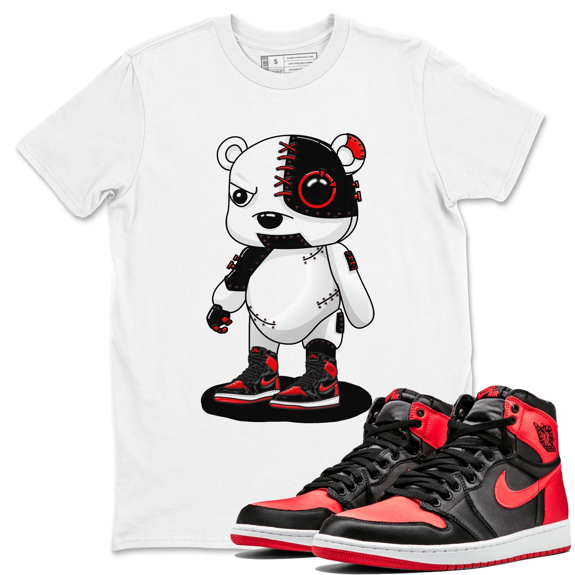 Air Jordan 1 Satin Bred shirt to match jordans Cyborg Bear sneaker tees AJ1 Retro Satin Bred Drip Gear Zone Sneaker Matching Clothing Brand Unisex Sneaker Tee White 1 T-Shirt