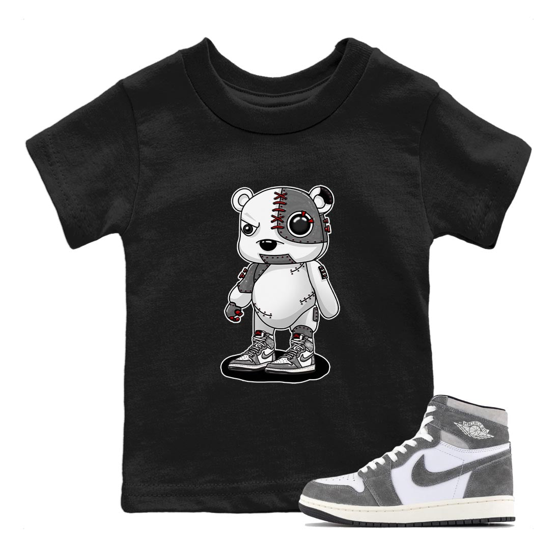 1s High OG Washed Heritage Sneaker Match Tees Cyborg Bear Streetwear Sneaker Shirt Air Jordan 1 Washed Heritage Sneaker Release Tees Kids Shirts Black 1