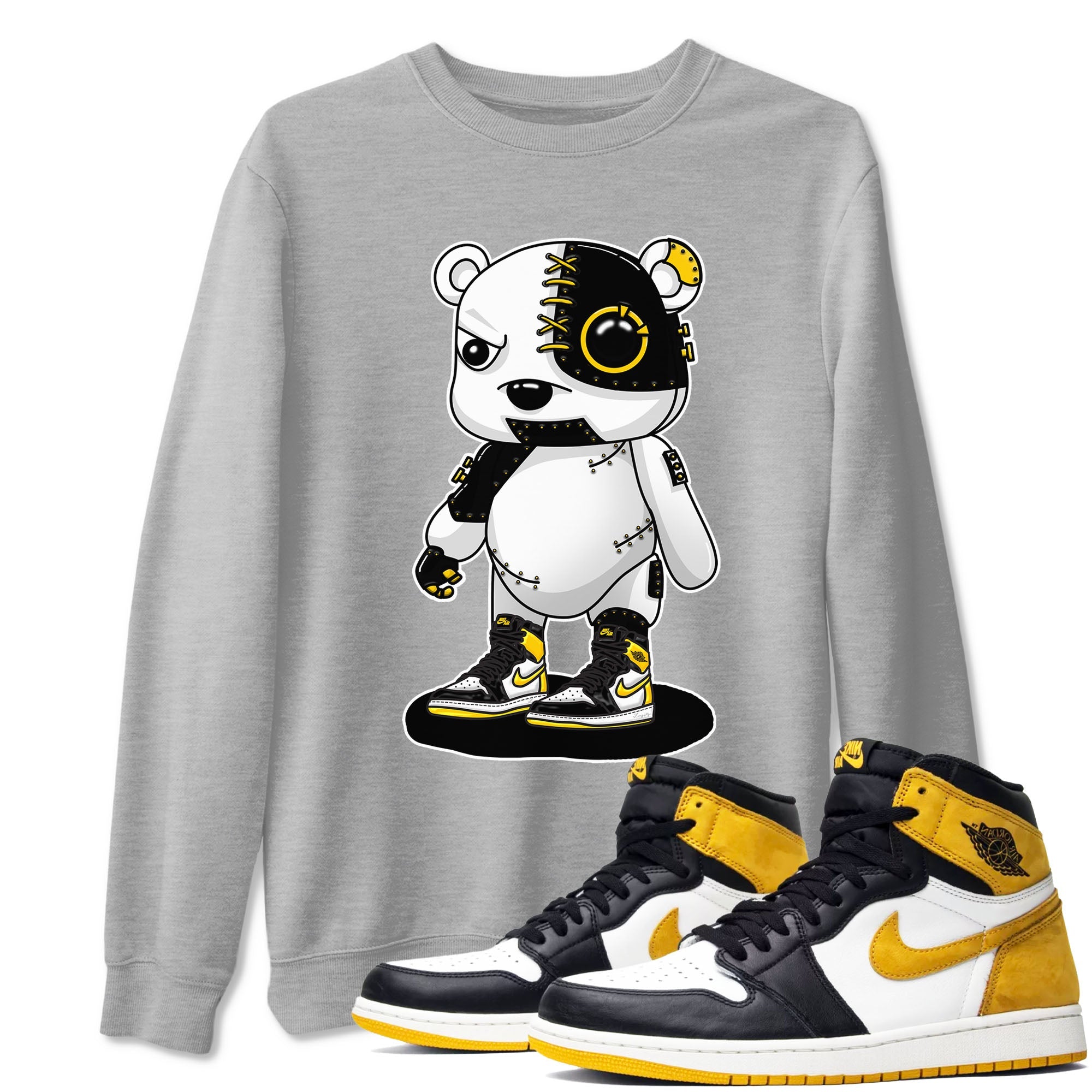 1s Yellow Ochre shirt to match jordans Cyborg Bear sneaker tees Air Jordan 1 High OG Yellow Ochre Drip Gear Zone unisex cotton Heather Grey 1 crew neck shirt